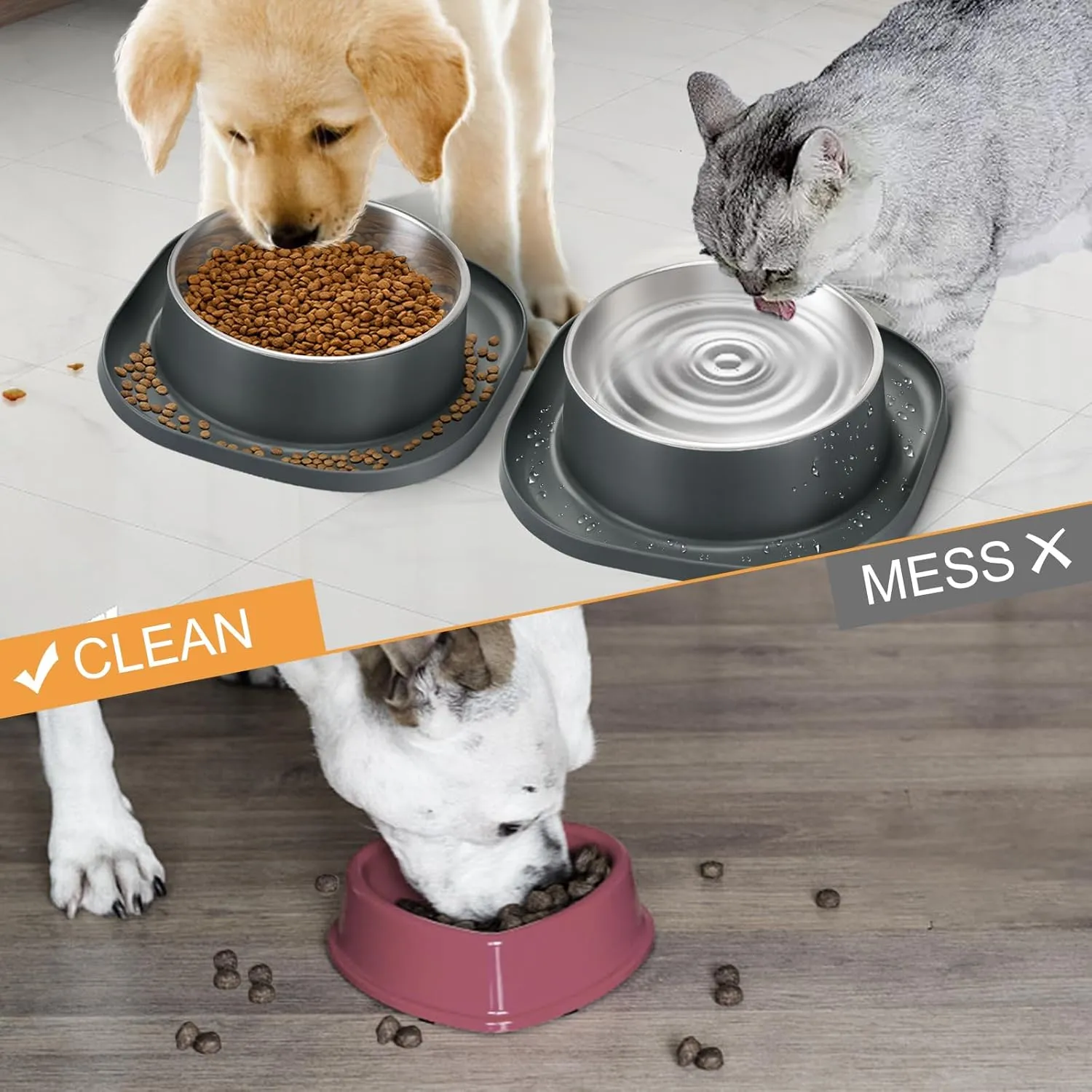 2PACK Stainless Steel Dog Bowls, 12oz Water & Food Bowl with Anti-Skid Rubber Base for Small Medium Cat Puppy Pet, Metal Bowl Spill Proof Dog Dish with Silicone Feeding Mat for Dry and Wet Foods, Grey