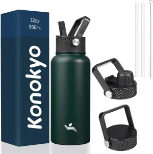 32 oz Insulated Water Bottle Stainless Steel Sport Bottles with 3 Lids,Army Green