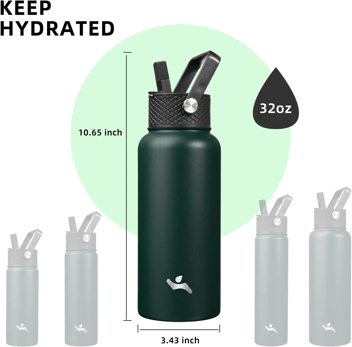 32 oz Insulated Water Bottle Stainless Steel Sport Bottles with 3 Lids,Army Green