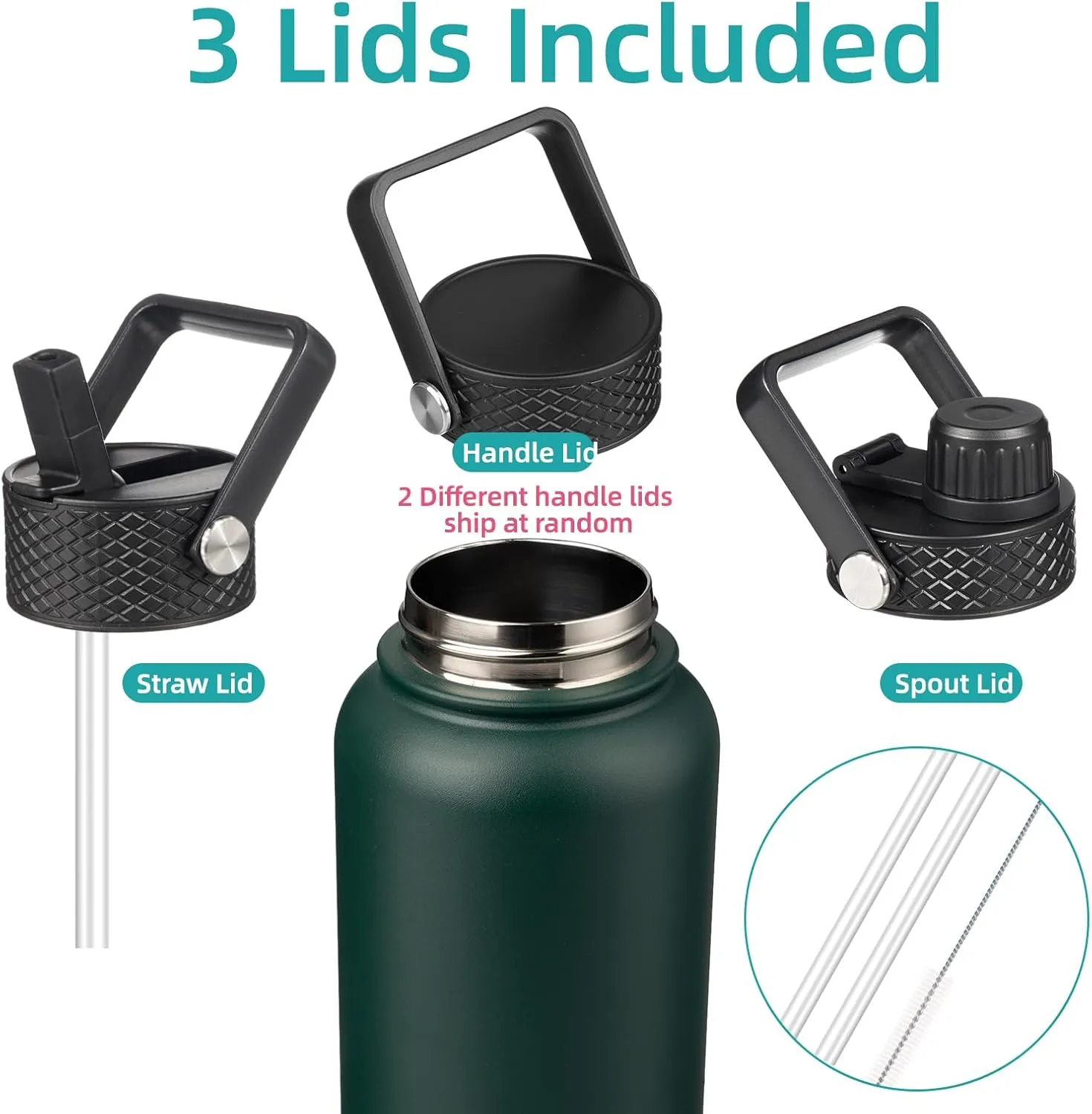 32 oz Insulated Water Bottle Stainless Steel Sport Bottles with 3 Lids,Army Green