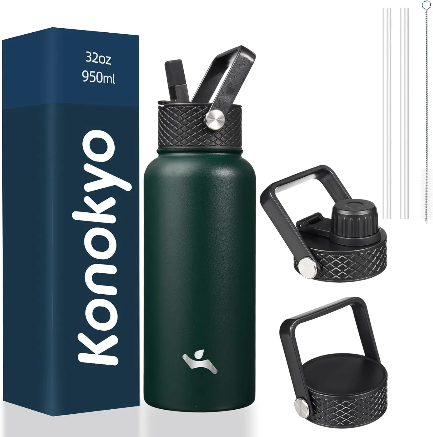 32 oz Insulated Water Bottle Stainless Steel Sport Bottles with 3 Lids,Army Green