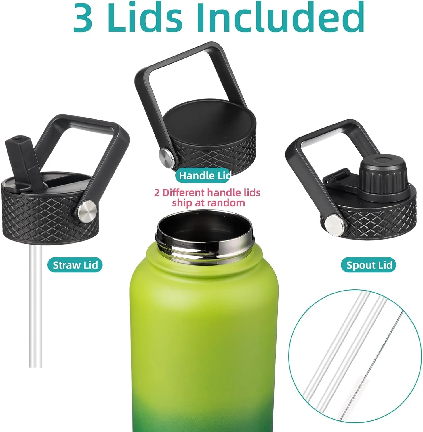 32 oz Insulated Water Bottle Stainless Steel Sport Bottles with 3 Lids,Bamboo Grove