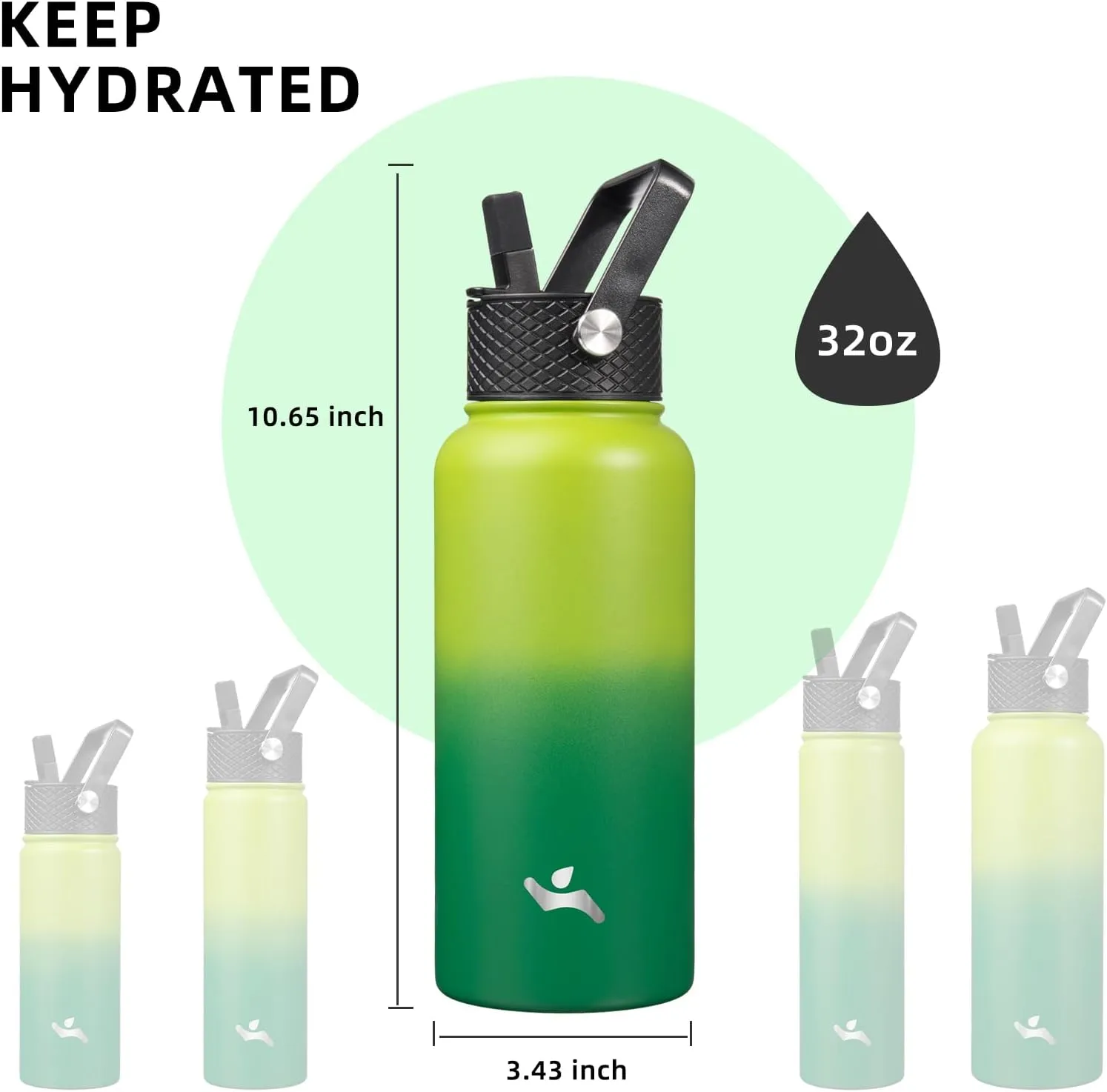 32 oz Insulated Water Bottle Stainless Steel Sport Bottles with 3 Lids,Bamboo Grove