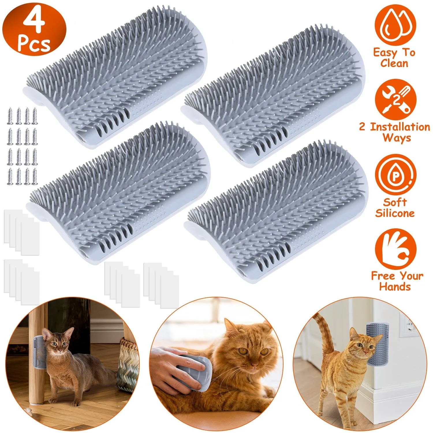 4-Pieces: Cat Self Groomer Soft Silicone Wall Corner Scratcher
