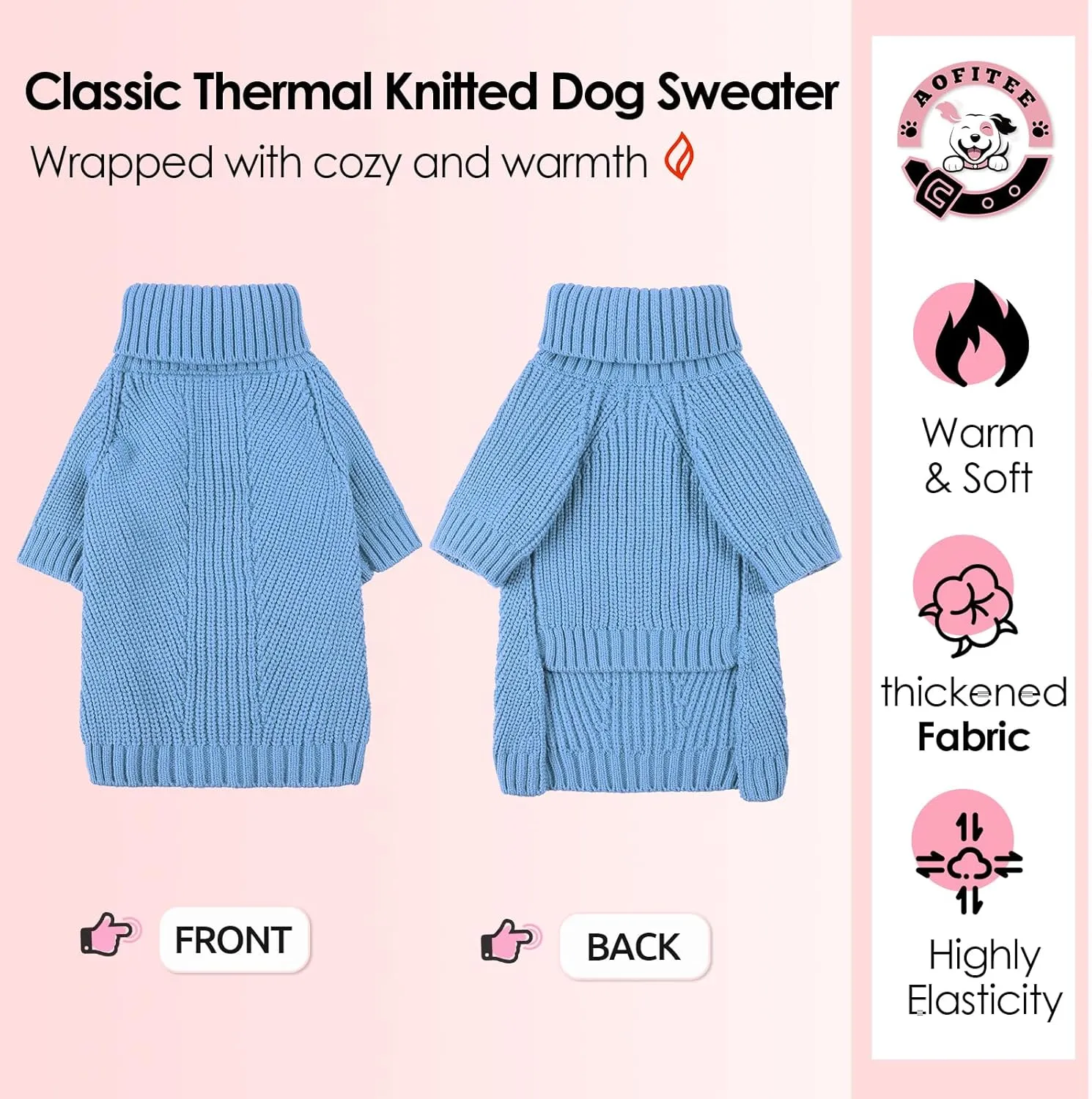 AOFITEE XL Dog Sweater, Dog Christmas Sweater for Medium Dogs Girls Boys, Solid Knitted Dog Pullover Sweater, Turtleneck Medium Dog Sweater Warm Dog Sweatshirt for Small Medium Dogs Cats, XL Blue