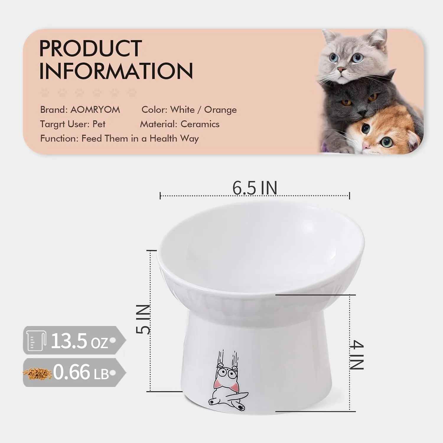 AOMRYOM 6.5 Inch Extra Wide Tilted Elevated Ceramic Cat Bowls, Raised Food and Water Bowl Set for Elder Big Cats & Small Dogs, Whisker Fatigue, Lead & Cadmium Free, White and Orange