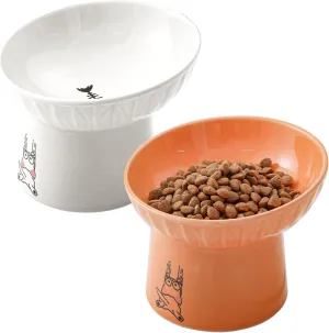 AOMRYOM 6.5 Inch Extra Wide Tilted Elevated Ceramic Cat Bowls, Raised Food and Water Bowl Set for Elder Big Cats & Small Dogs, Whisker Fatigue, Lead & Cadmium Free, White and Orange