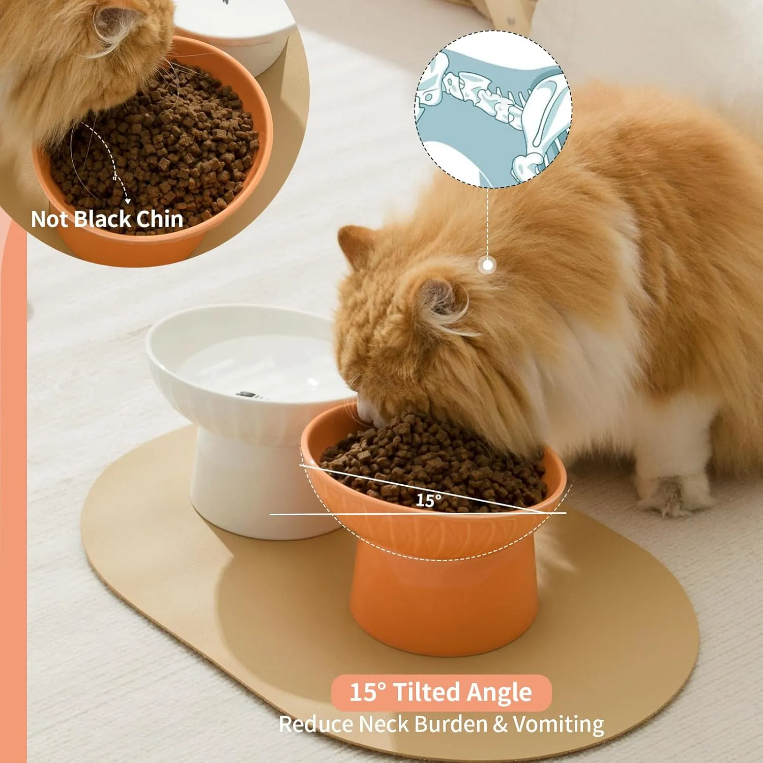 AOMRYOM 6.5 Inch Extra Wide Tilted Elevated Ceramic Cat Bowls, Raised Food and Water Bowl Set for Elder Big Cats & Small Dogs, Whisker Fatigue, Lead & Cadmium Free, White and Orange
