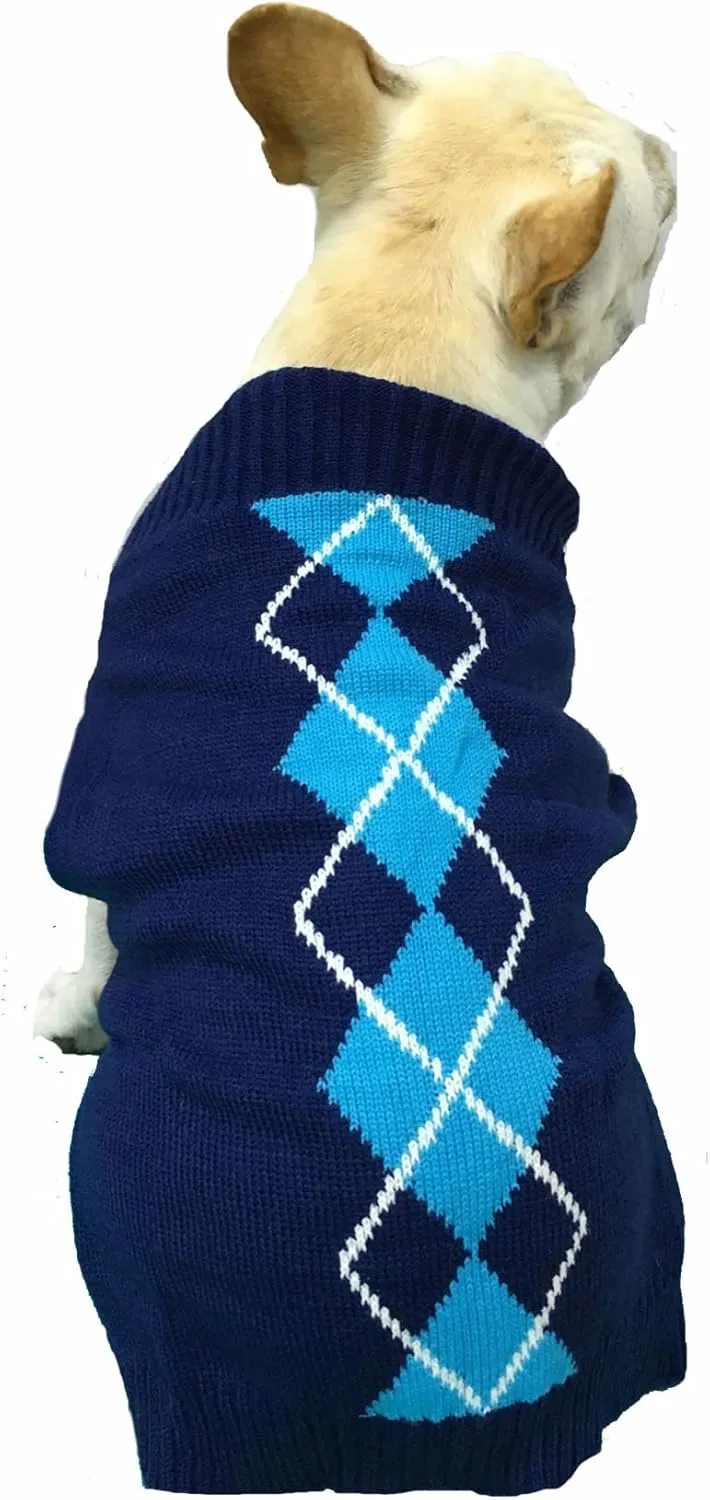 'Argyle Knit Pet Sweaters Clothes for Dogs Pets, Classic Blue Dog Sweater Small (S) Size