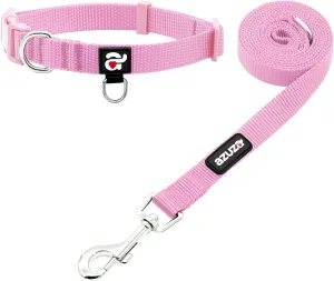 azuza Nylon Dog Collar and Leash Set, Strong & Durable Basic Style Leash and Collar with ID Tag Ring, Available in Multiple Lengths for Large Dogs,Pink,L