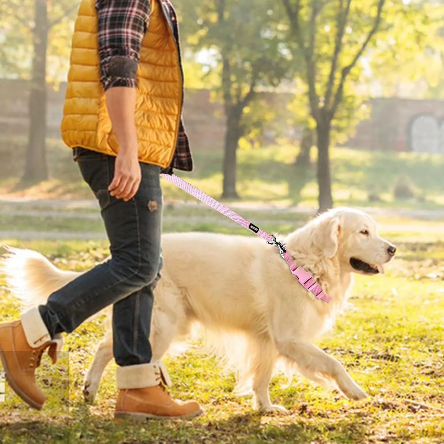 azuza Nylon Dog Collar and Leash Set, Strong & Durable Basic Style Leash and Collar with ID Tag Ring, Available in Multiple Lengths for Large Dogs,Pink,L