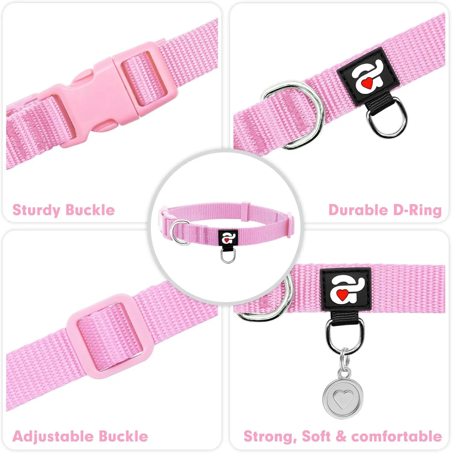 azuza Nylon Dog Collar and Leash Set, Strong & Durable Basic Style Leash and Collar with ID Tag Ring, Available in Multiple Lengths for Large Dogs,Pink,L
