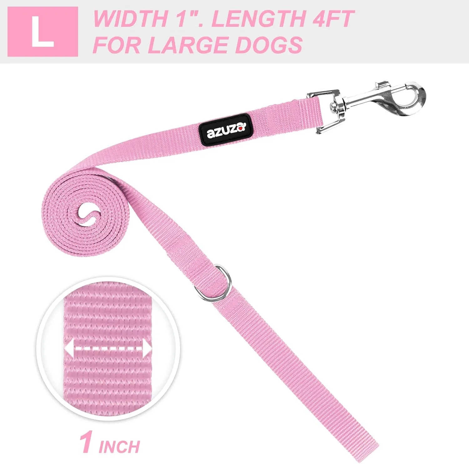 azuza Nylon Dog Collar and Leash Set, Strong & Durable Basic Style Leash and Collar with ID Tag Ring, Available in Multiple Lengths for Large Dogs,Pink,L
