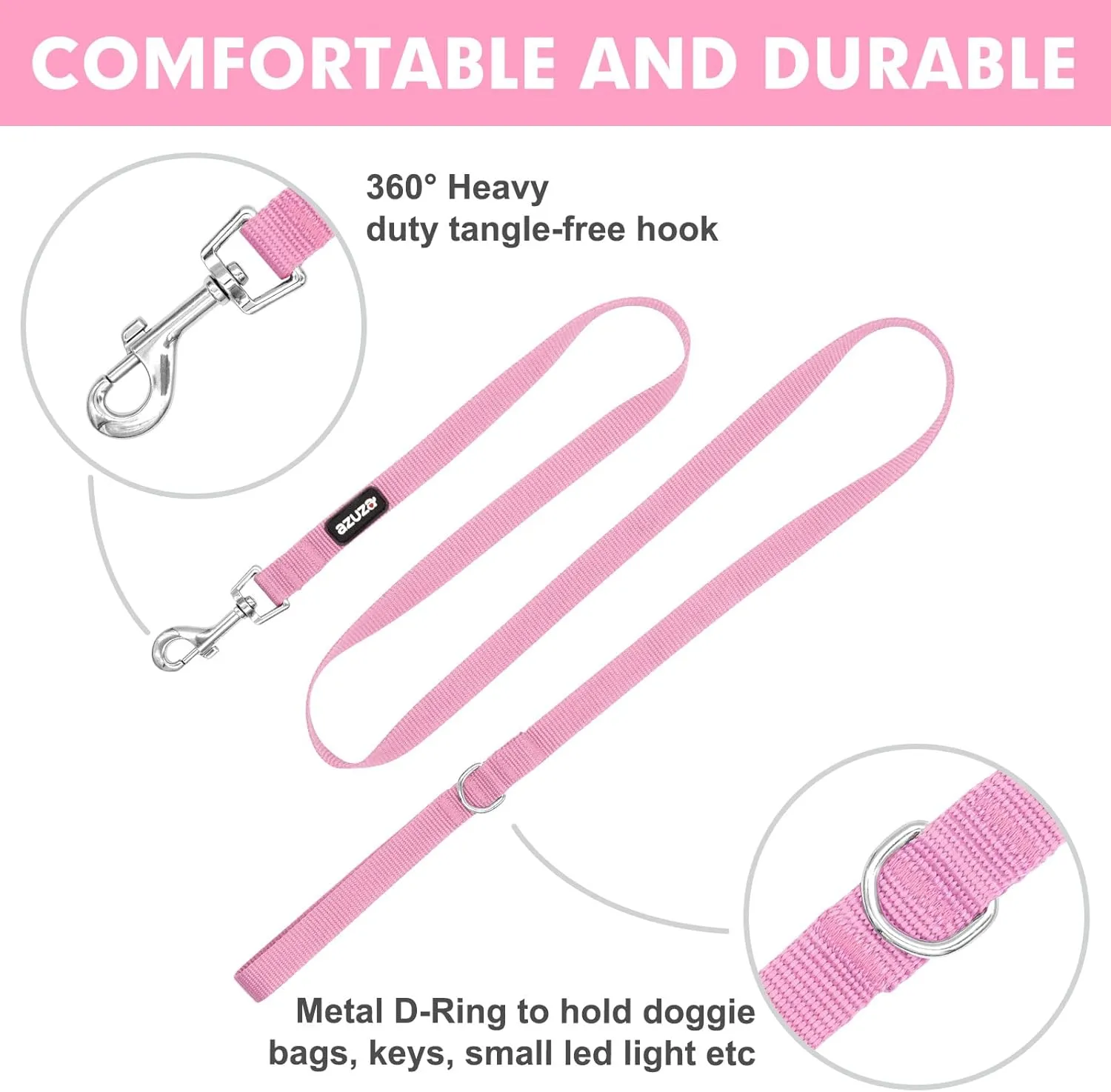 azuza Nylon Dog Collar and Leash Set, Strong & Durable Basic Style Leash and Collar with ID Tag Ring, Available in Multiple Lengths for Large Dogs,Pink,L