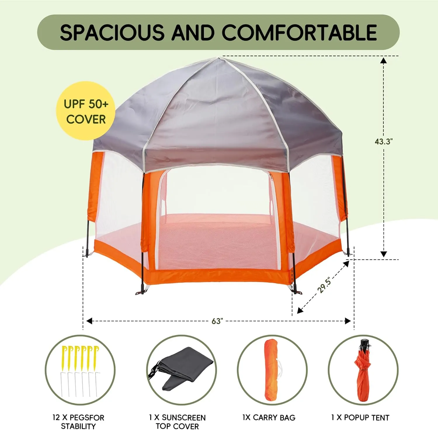 Baby Playpen, Portable Baby Playpen with UPF50  Canopy, 1-Second Setup, Foldable Play Yard for Indoor/Outdoor Use, Kids Tent for Beach Camping Travel - Includes Travel Bag & Safety Stakes(Orange)