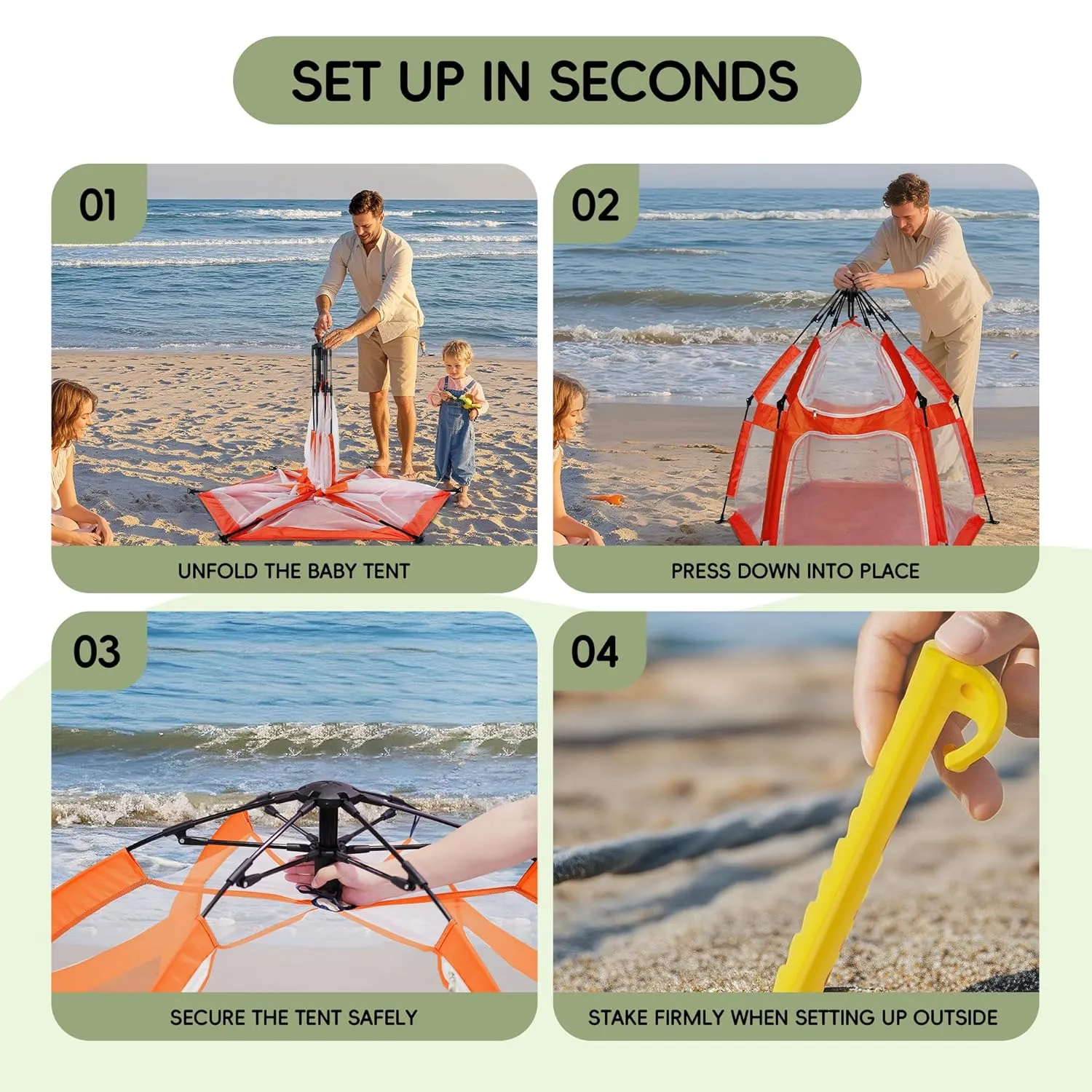 Baby Playpen, Portable Baby Playpen with UPF50  Canopy, 1-Second Setup, Foldable Play Yard for Indoor/Outdoor Use, Kids Tent for Beach Camping Travel - Includes Travel Bag & Safety Stakes(Orange)