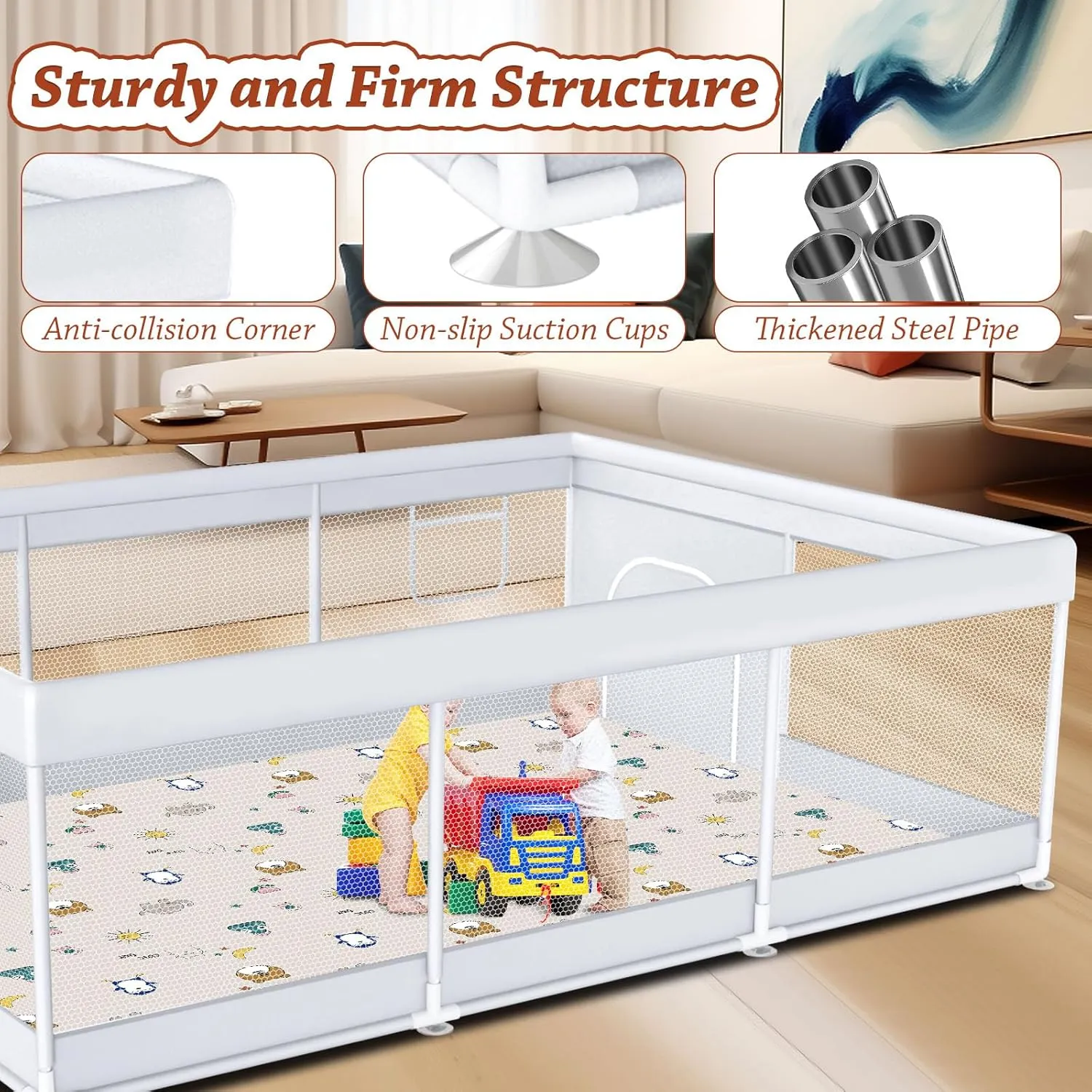 Baby Playpen with Mat 74" x 50" Large Play Yard Playpen for Babies and Toddlers with External Zipper Door Design Safety Baby Activity Center with Visible Mesh Non-Slip Play Pen(Mat Included)