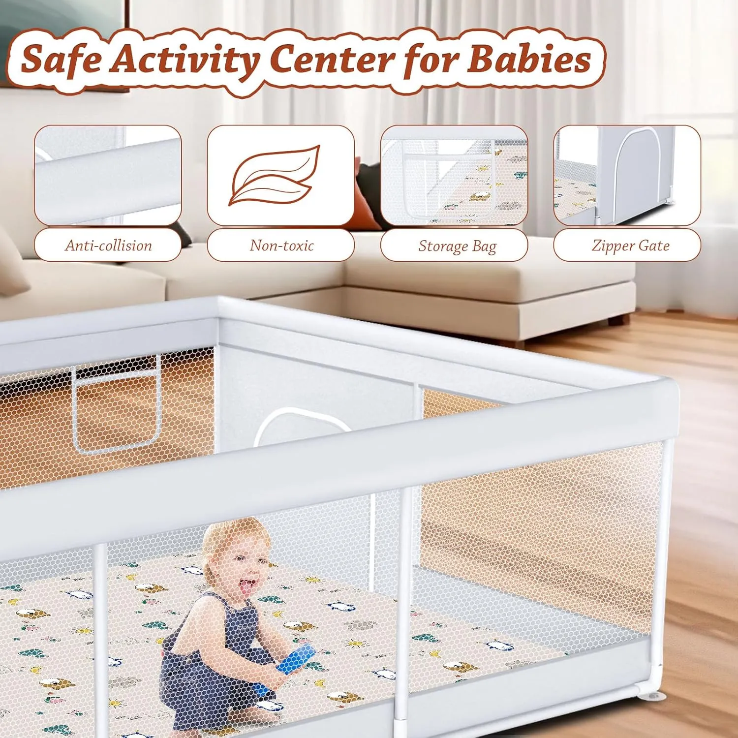 Baby Playpen with Mat 74" x 50" Large Play Yard Playpen for Babies and Toddlers with External Zipper Door Design Safety Baby Activity Center with Visible Mesh Non-Slip Play Pen(Mat Included)