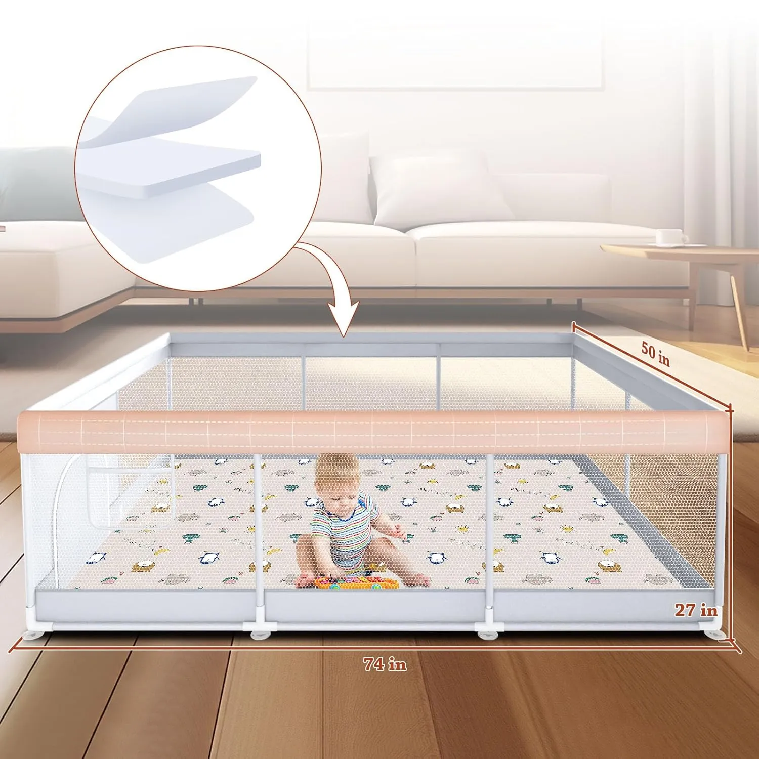 Baby Playpen with Mat 74" x 50" Large Play Yard Playpen for Babies and Toddlers with External Zipper Door Design Safety Baby Activity Center with Visible Mesh Non-Slip Play Pen(Mat Included)