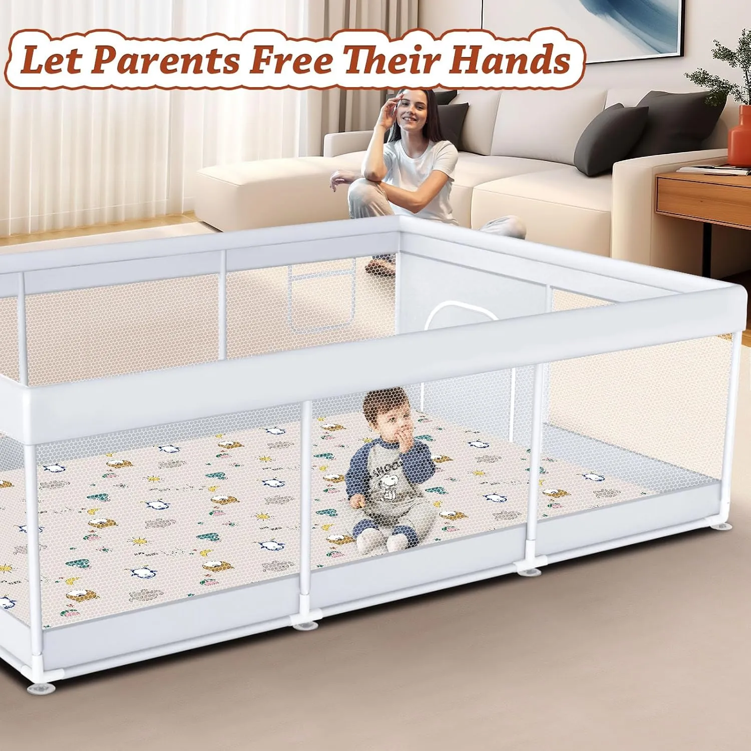 Baby Playpen with Mat 74" x 50" Large Play Yard Playpen for Babies and Toddlers with External Zipper Door Design Safety Baby Activity Center with Visible Mesh Non-Slip Play Pen(Mat Included)