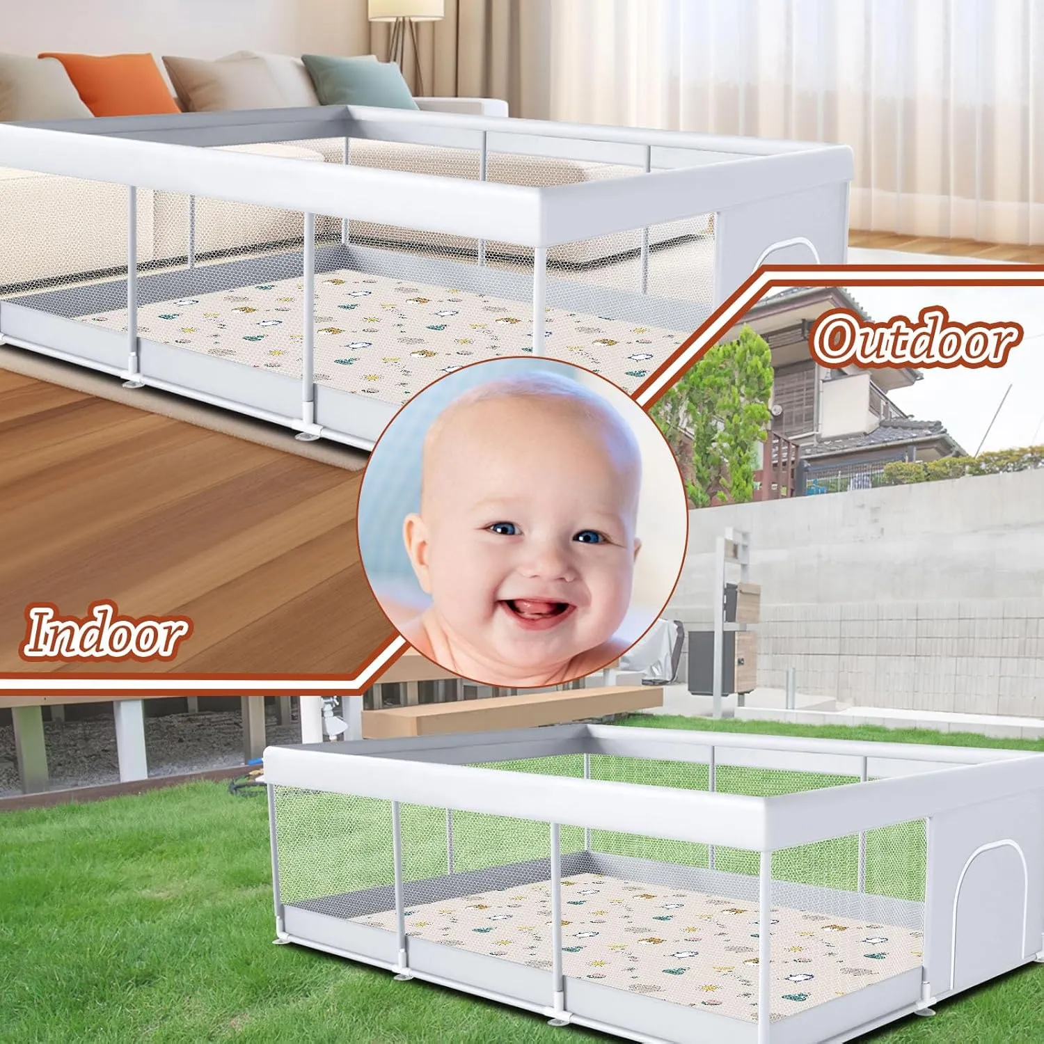 Baby Playpen with Mat 74" x 50" Large Play Yard Playpen for Babies and Toddlers with External Zipper Door Design Safety Baby Activity Center with Visible Mesh Non-Slip Play Pen(Mat Included)