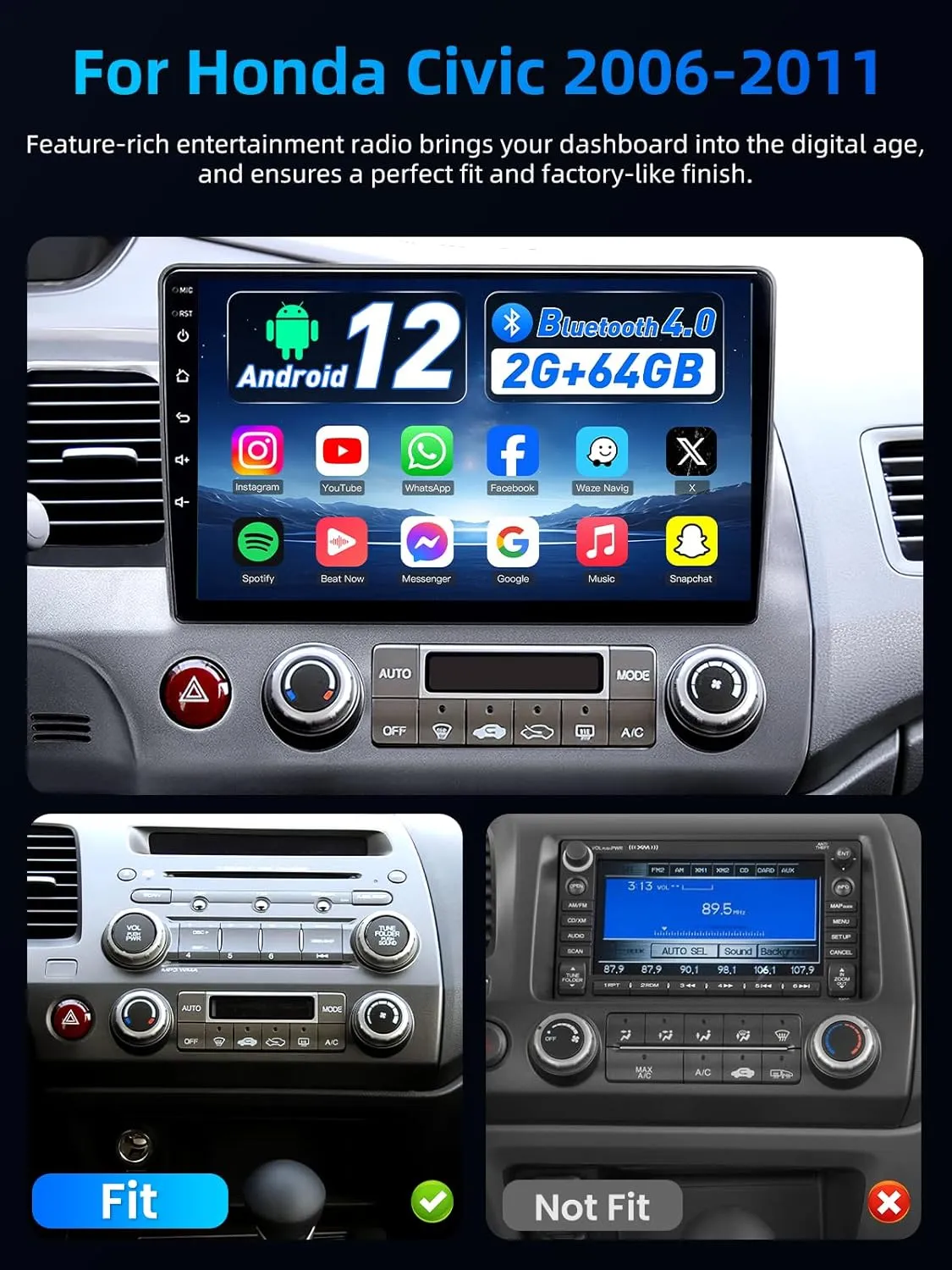 Car Radio for Honda Civic 2006-2011, 2 64G 5G WiFi Car Radio Stereo with Wireless Carplay Android Auto 10" Touchscreen GPS Navigation Backup Camera