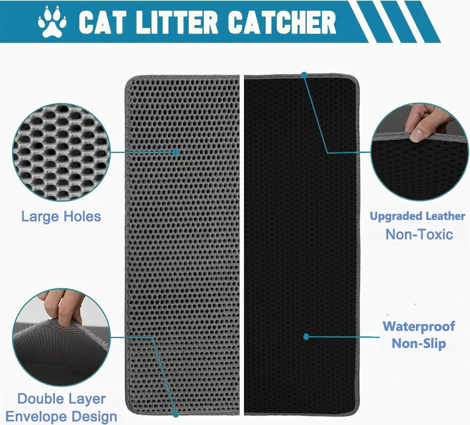 Cat Litter Mat 23.7"x 17.7" Litter Trapping Mat Honeycomb Double Layer Cat Litter Box Mat Waterproof, Urine-Proof, Non-Slip and Soft on Paws Kitty Litter Mat