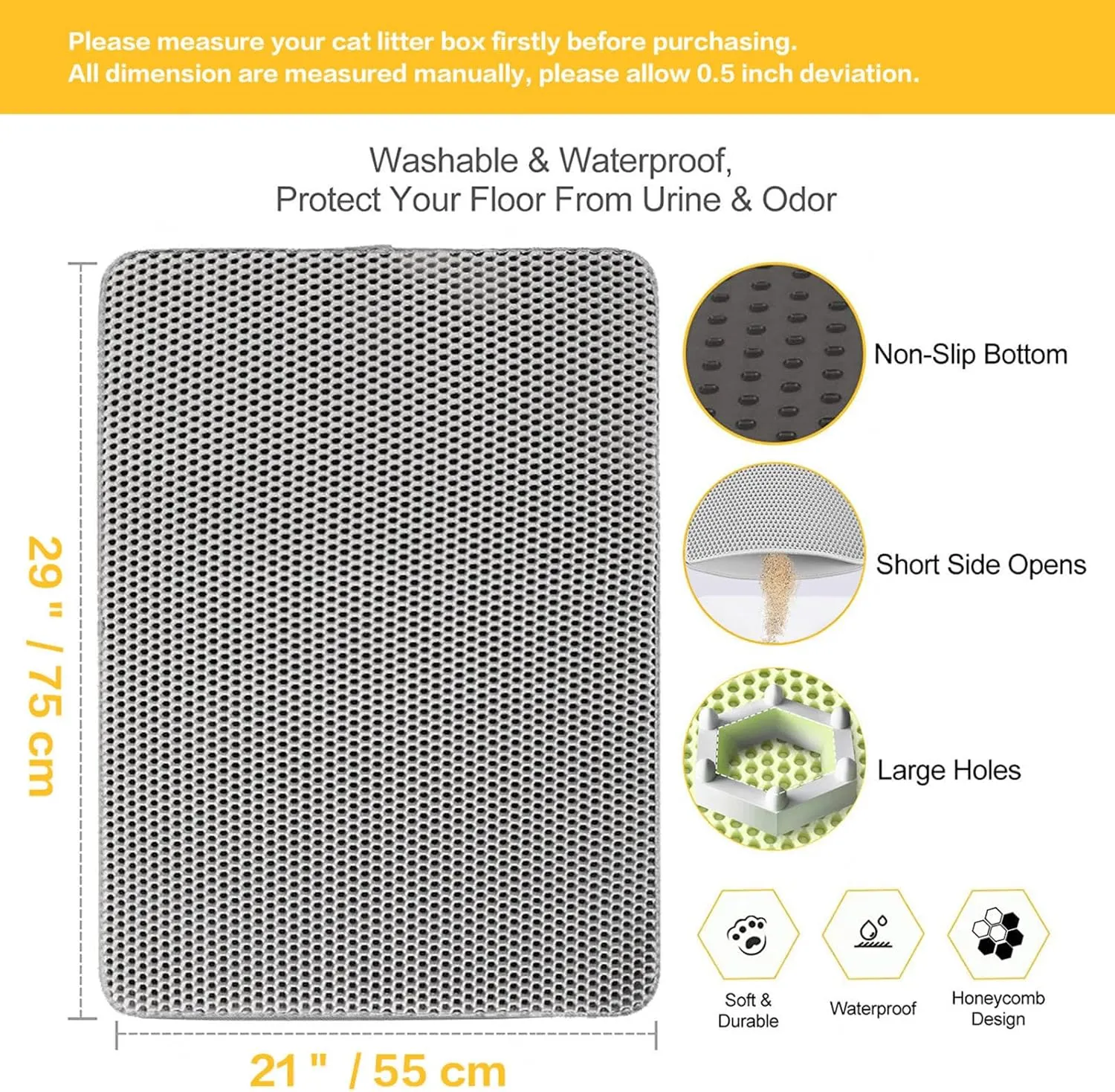 Cat Litter Mat Litter Trapping Mat, Honeycomb Double Layer Easy Clean Cat Litter Trap Mat Less Waste,Soft On Paws,Non-Slip, Cat Rug for Litter Box,Black-L