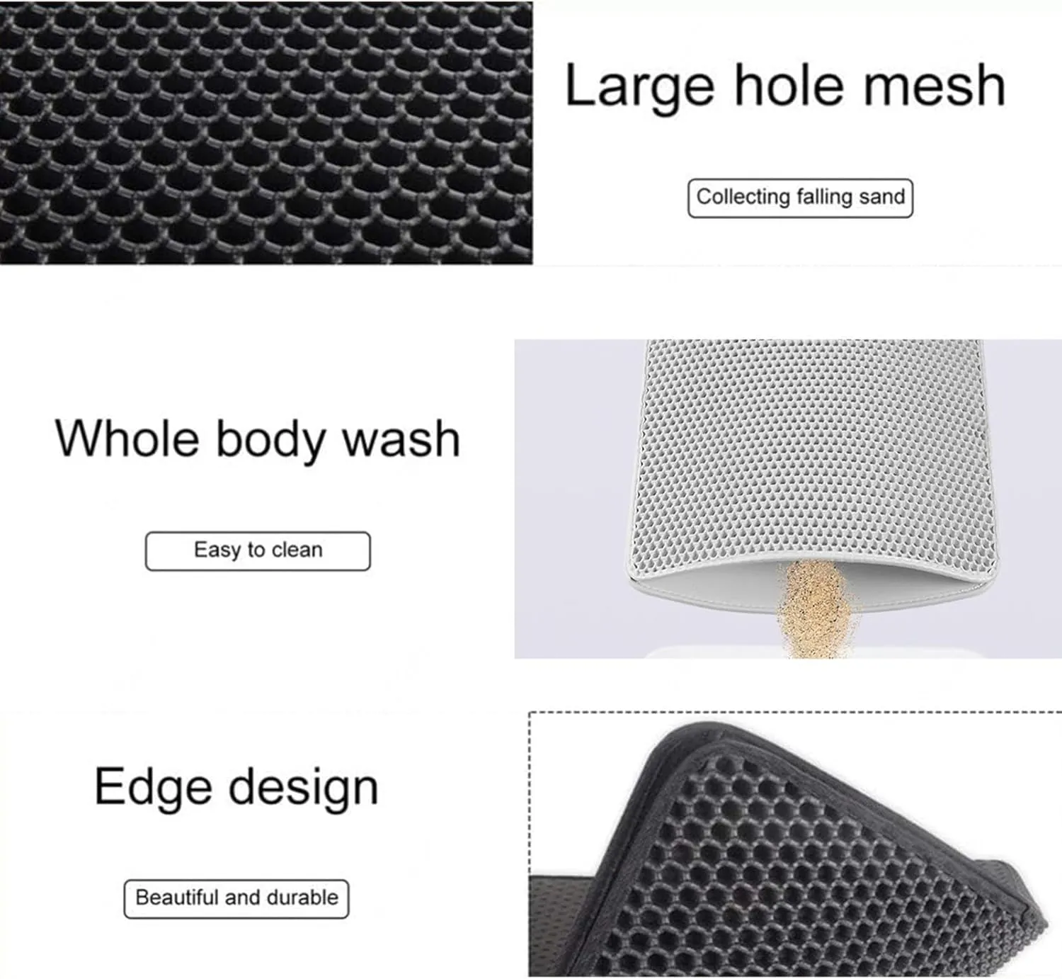 Cat Litter Mat Litter Trapping Mat, Honeycomb Double Layer Easy Clean Cat Litter Trap Mat Less Waste,Soft On Paws,Non-Slip, Cat Rug for Litter Box,Black-L