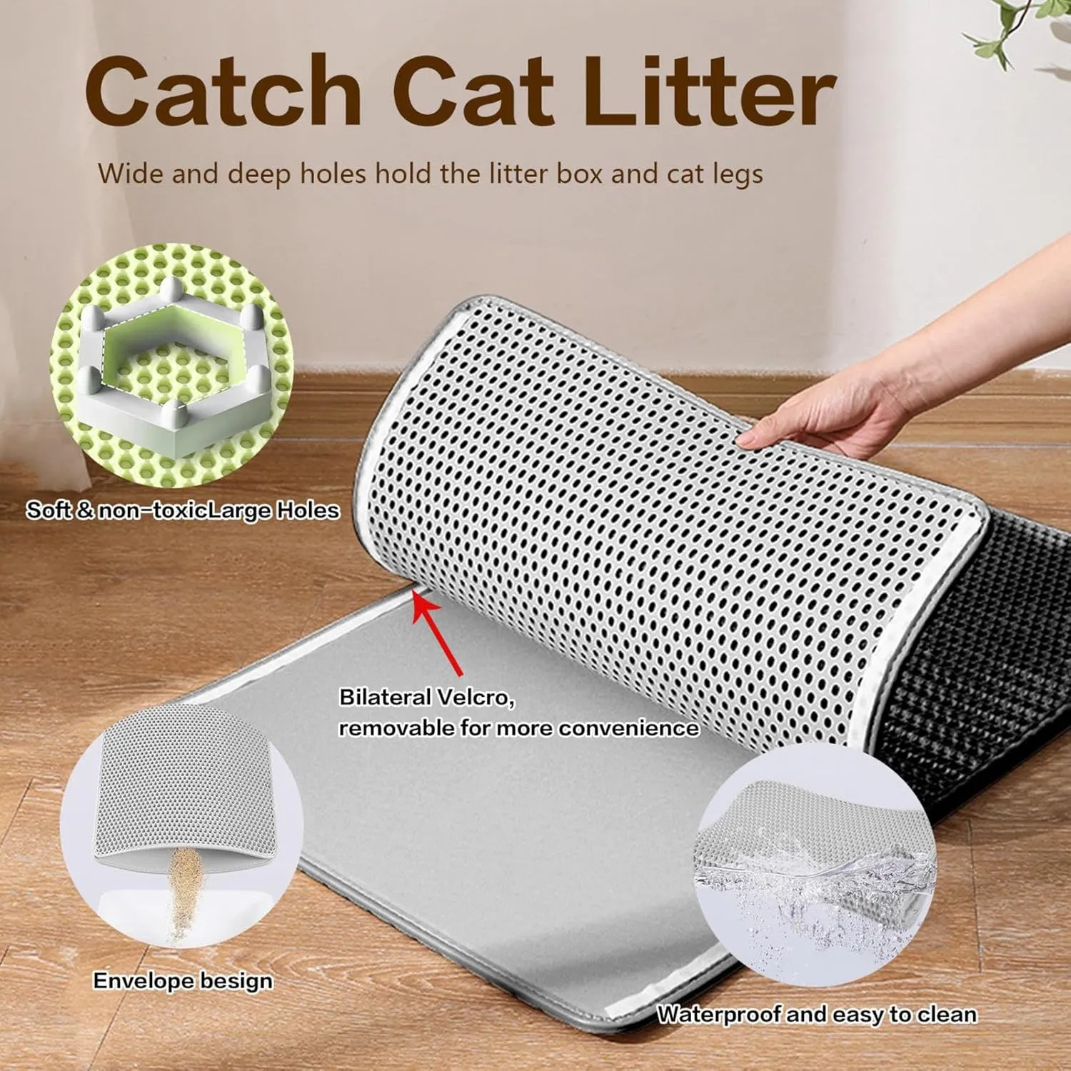 Cat Litter Mat Litter Trapping Mat, Honeycomb Double Layer Easy Clean Cat Litter Trap Mat Less Waste,Soft On Paws,Non-Slip, Cat Rug for Litter Box,Black-L