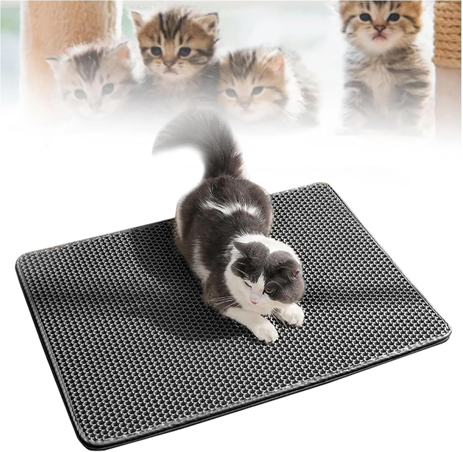 Cat Litter Mat Litter Trapping Mat, Honeycomb Double Layer Easy Clean Cat Litter Trap Mat Less Waste,Soft On Paws,Non-Slip, Cat Rug for Litter Box,Black-L
