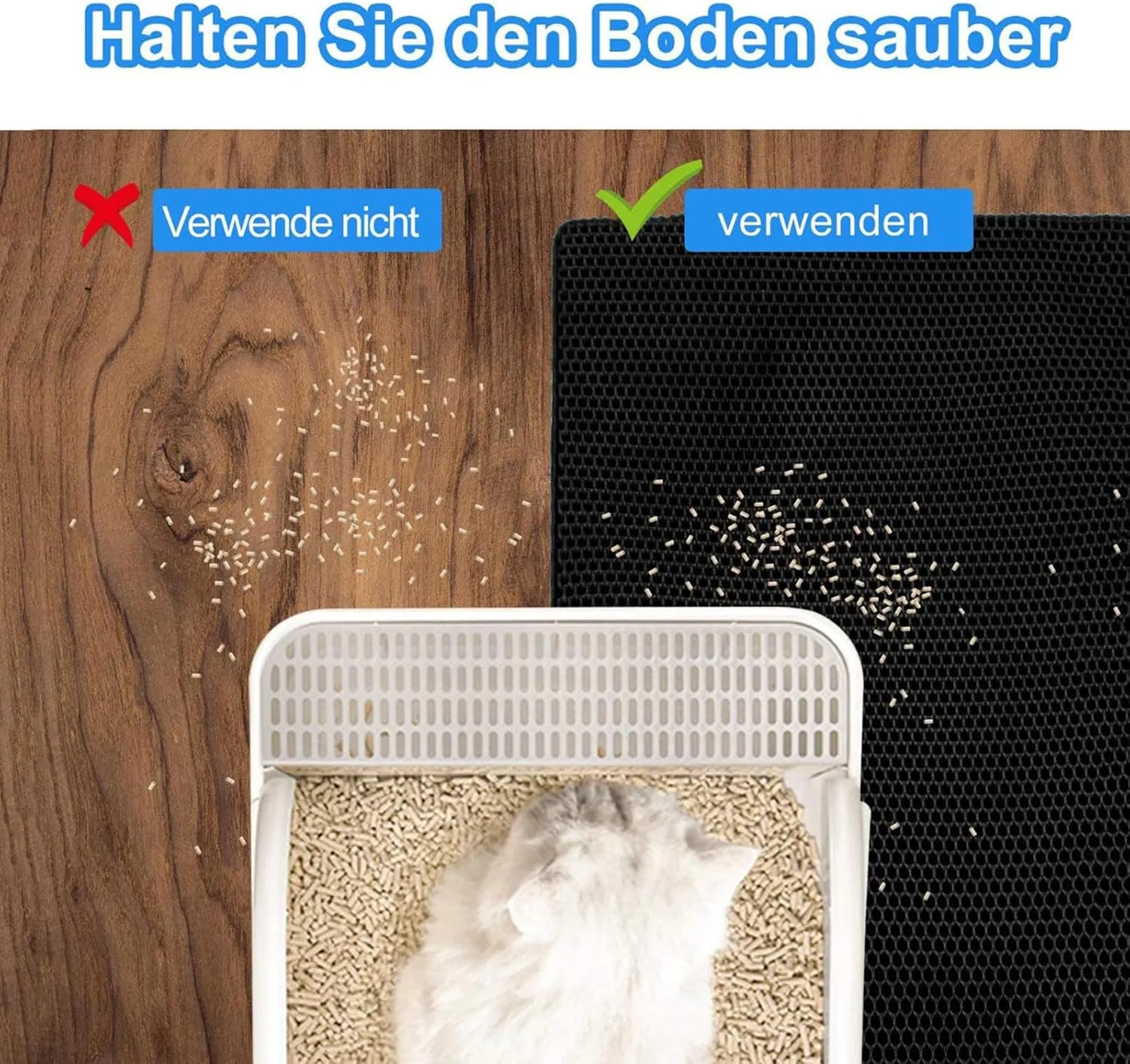 Cat Litter Mat Litter Trapping Mat, Honeycomb Double Layer Easy Clean Cat Litter Trap Mat Less Waste,Soft On Paws,Non-Slip, Cat Rug for Litter Box,Black-L