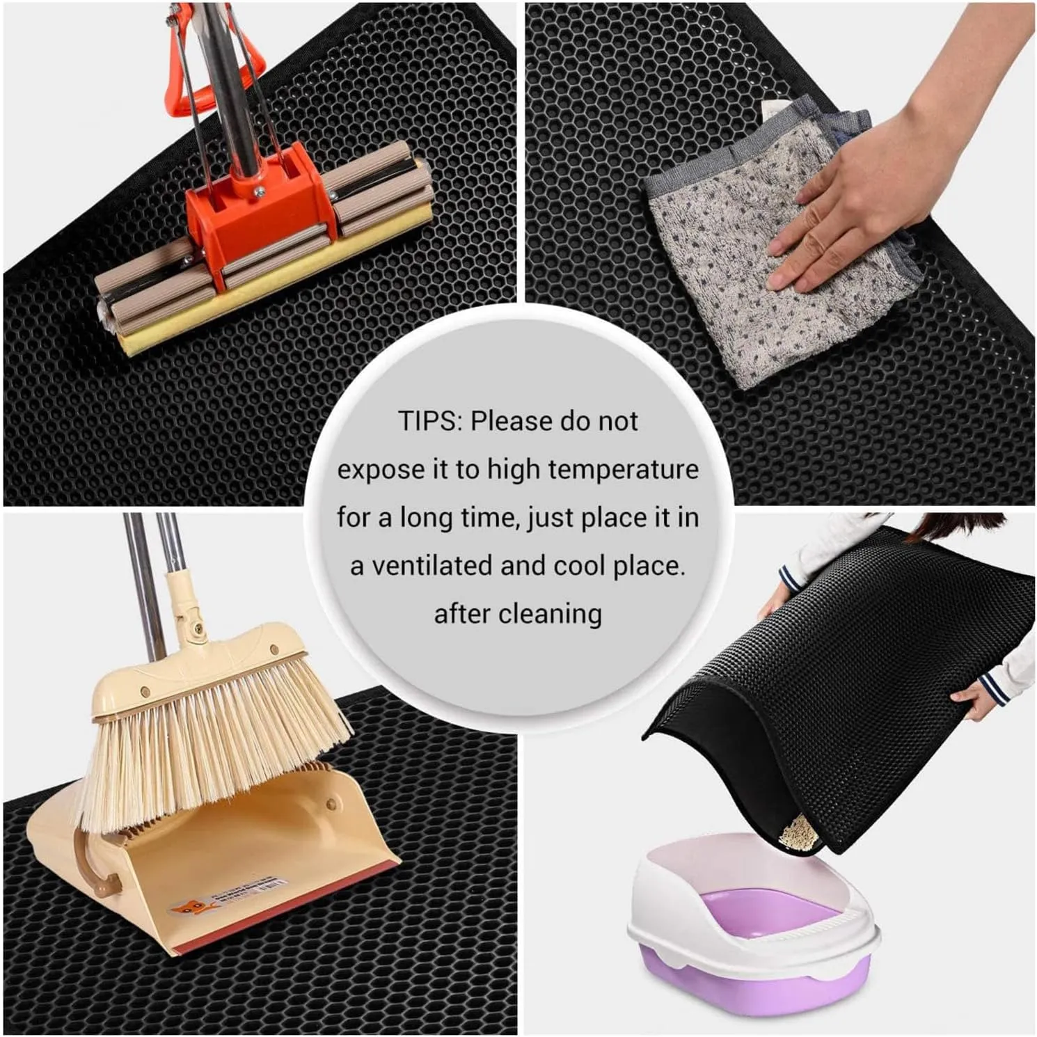 Cat Litter Mat Litter Trapping Mat, Honeycomb Double Layer Easy Clean Cat Litter Trap Mat Less Waste,Soft On Paws,Non-Slip, Cat Rug for Litter Box,Black-L