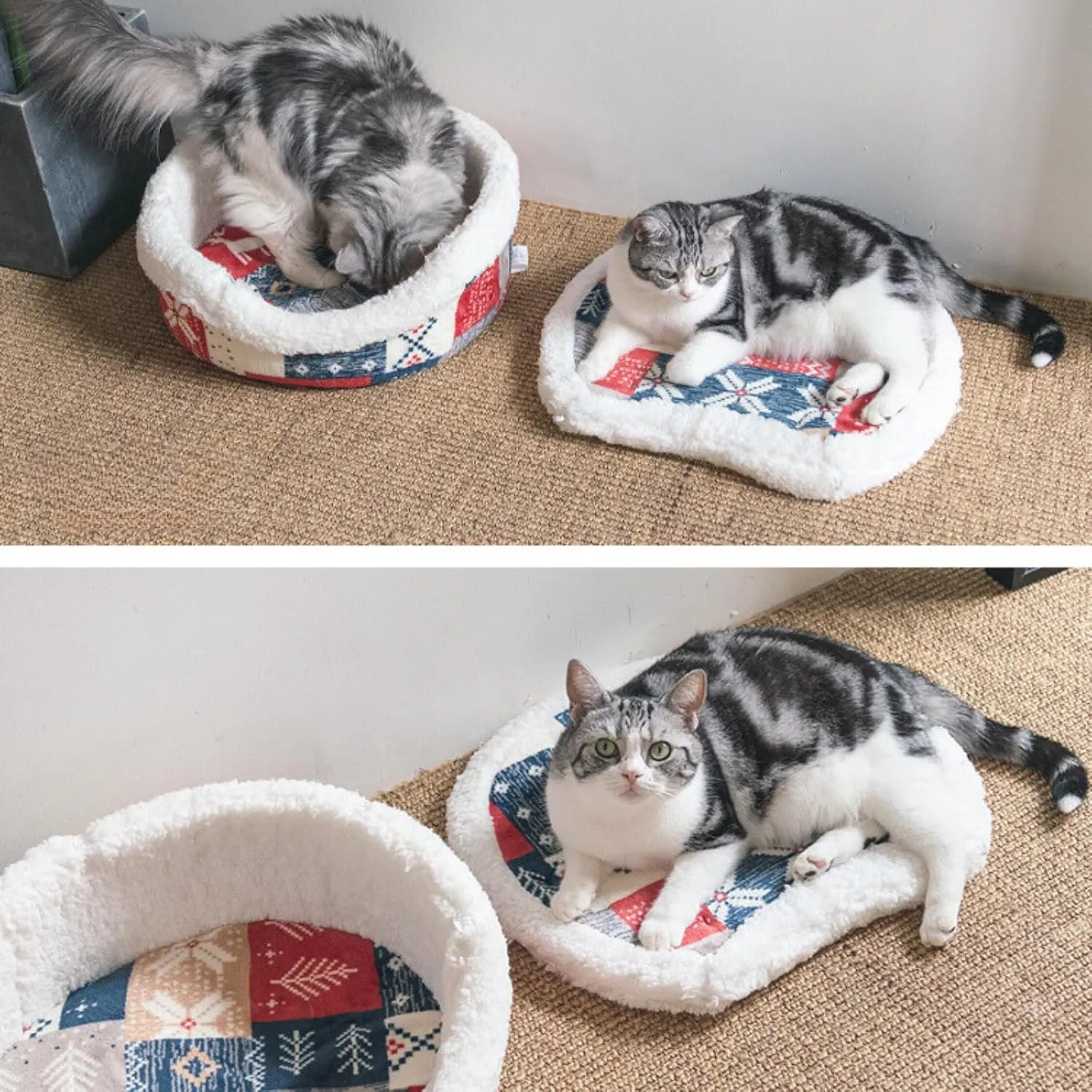 Cat Plaid Cave Bed, Plush Warm Calming Hideaway Nest with Detachable Lid & Mat, Snug Enclosed House for Indoor Kitten (Redwhite)