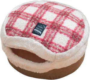 Cat Plaid Cave Bed, Plush Warm Calming Hideaway Nest with Detachable Lid & Mat, Snug Enclosed House for Indoor Kitten (Redwhite)