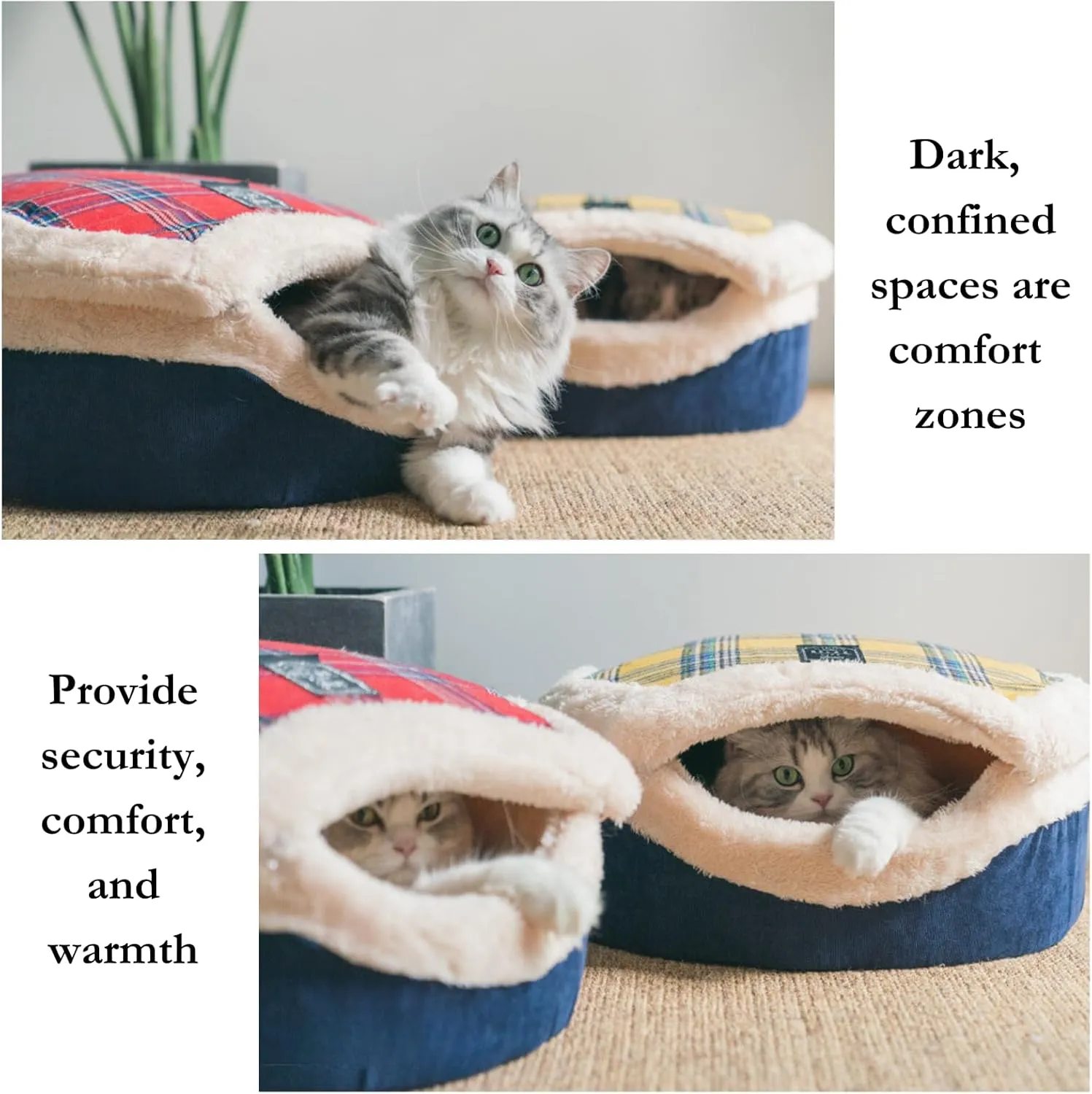 Cat Plaid Cave Bed, Plush Warm Calming Hideaway Nest with Detachable Lid & Mat, Snug Enclosed House for Indoor Kitten (Redwhite)