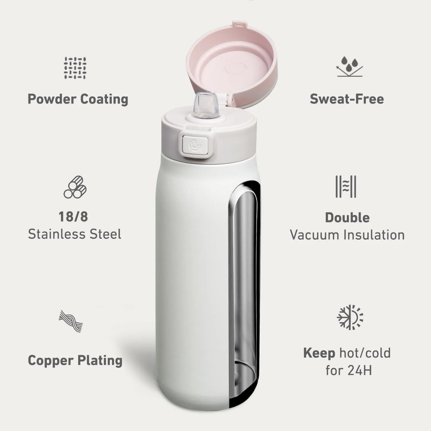 COKTIK Stainless Steel Water Bottle with Buit-in Silicone Carrying loop, Double Walled Vacuum Insulated water bottles with straw, Leak Proof, Free sip, BPA Free, metal water bottle, 32oz, White