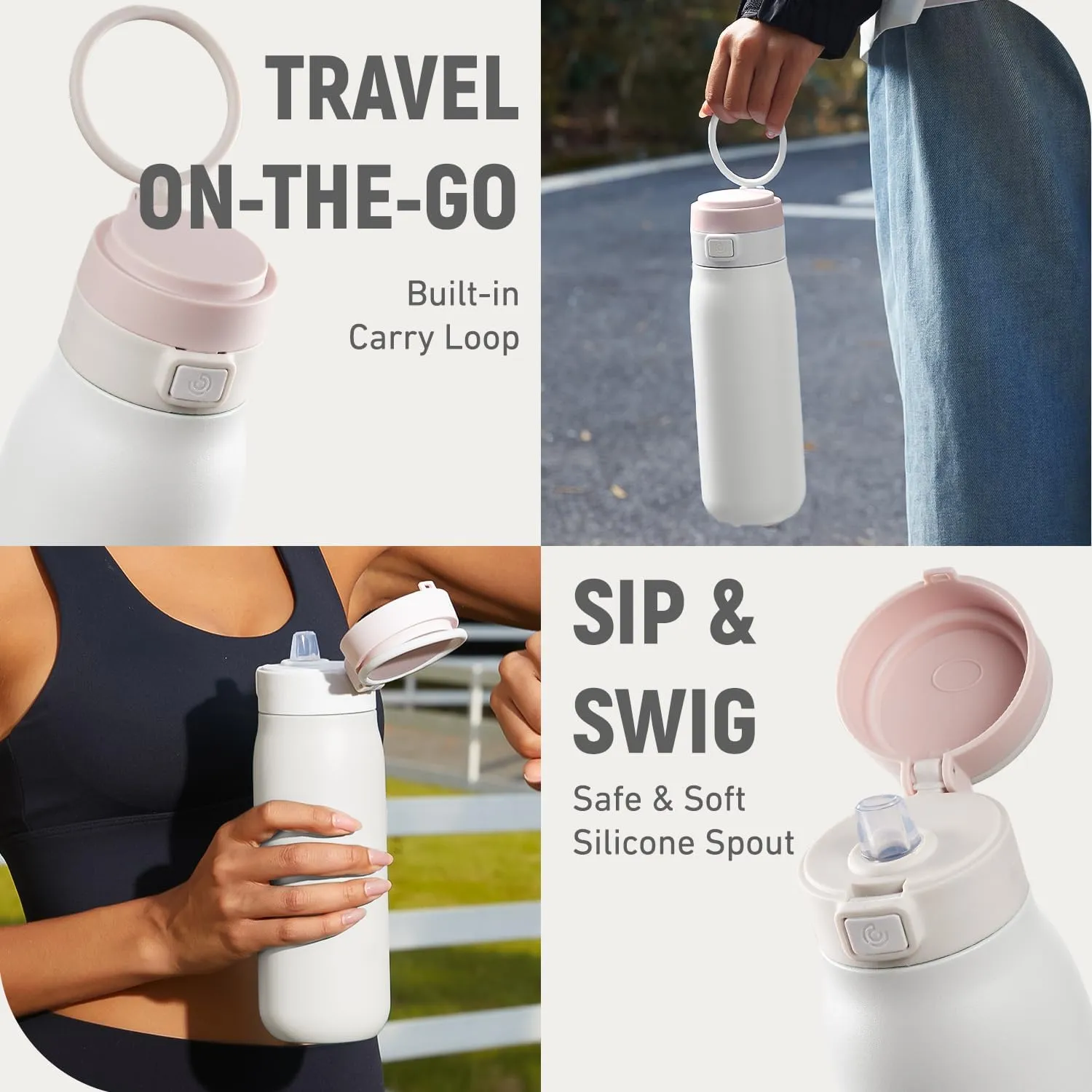 COKTIK Stainless Steel Water Bottle with Buit-in Silicone Carrying loop, Double Walled Vacuum Insulated water bottles with straw, Leak Proof, Free sip, BPA Free, metal water bottle, 32oz, White