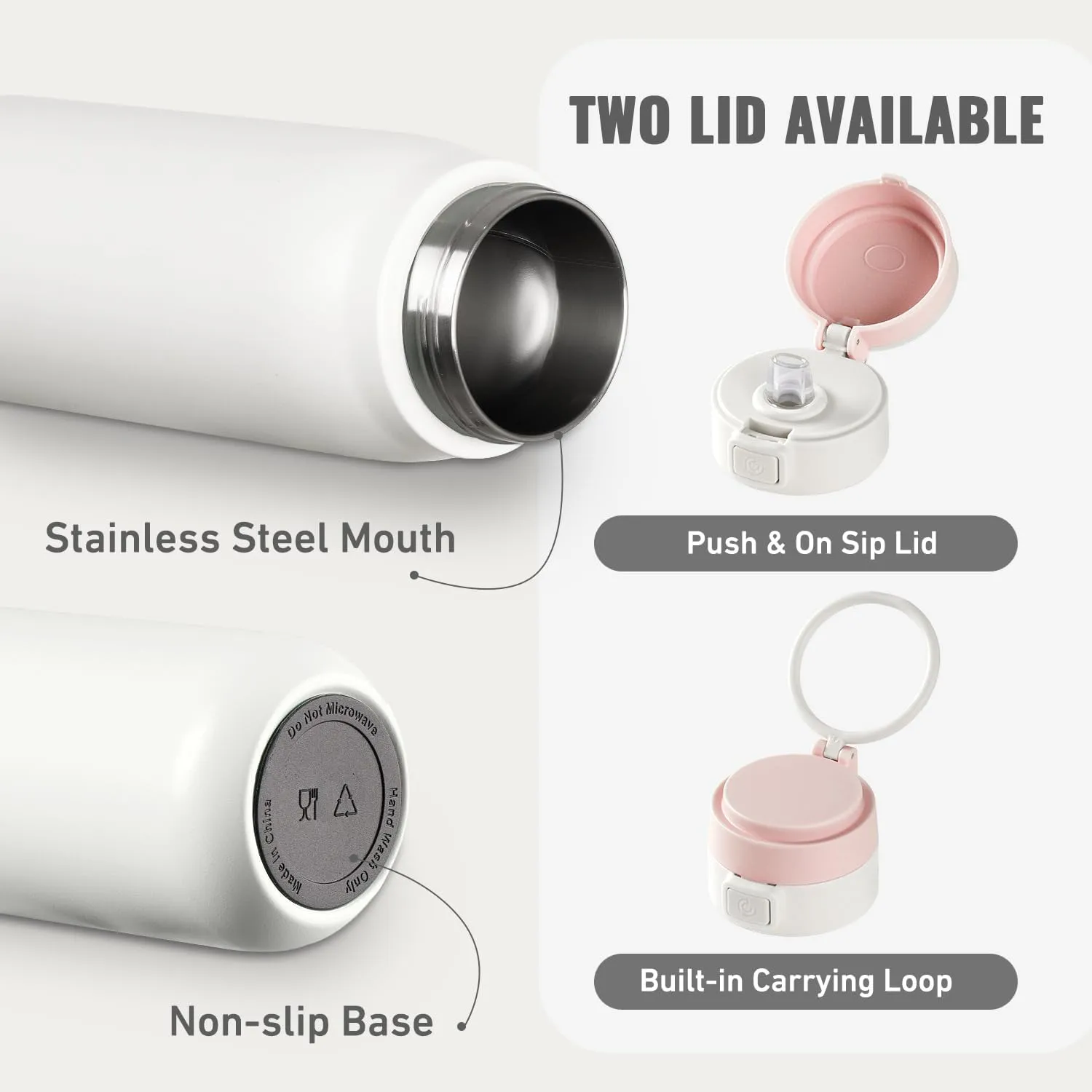 COKTIK Stainless Steel Water Bottle with Buit-in Silicone Carrying loop, Double Walled Vacuum Insulated water bottles with straw, Leak Proof, Free sip, BPA Free, metal water bottle, 32oz, White