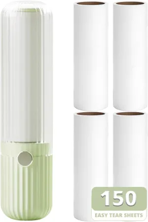Compact Lint Roller with 150 Sheets - Portable Pet Hair Remover for Clothes, Furniture, and Travel Essentials Household Use, 1 Handle 5 Roller Refills (Green)