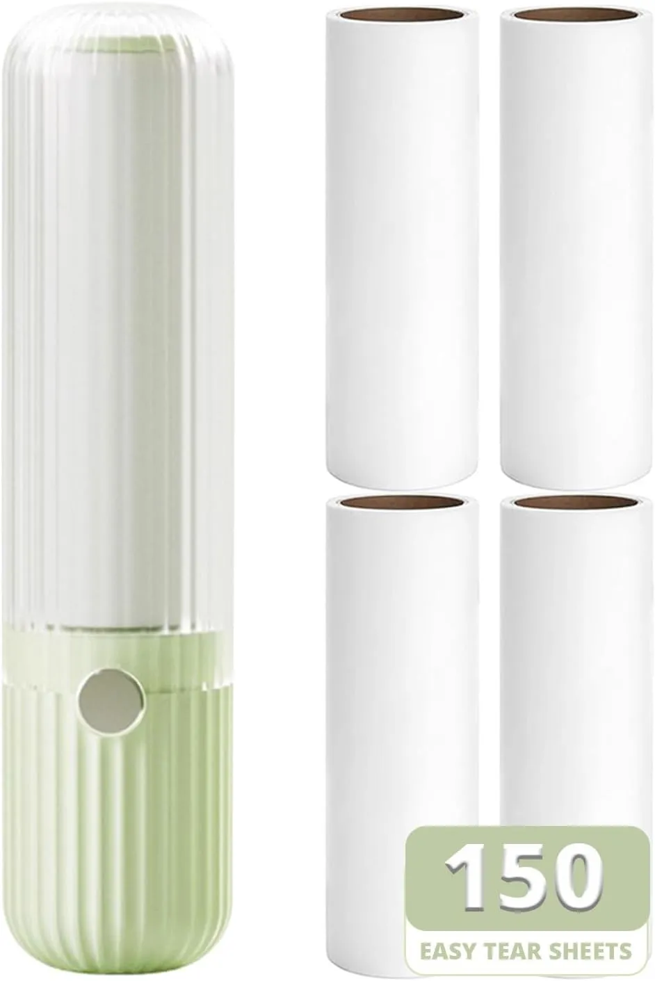Compact Lint Roller with 150 Sheets - Portable Pet Hair Remover for Clothes, Furniture, and Travel Essentials Household Use, 1 Handle 5 Roller Refills (Green)
