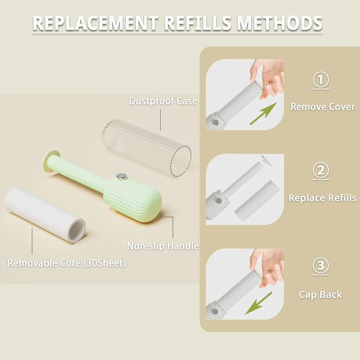 Compact Lint Roller with 150 Sheets - Portable Pet Hair Remover for Clothes, Furniture, and Travel Essentials Household Use, 1 Handle 5 Roller Refills (Green)