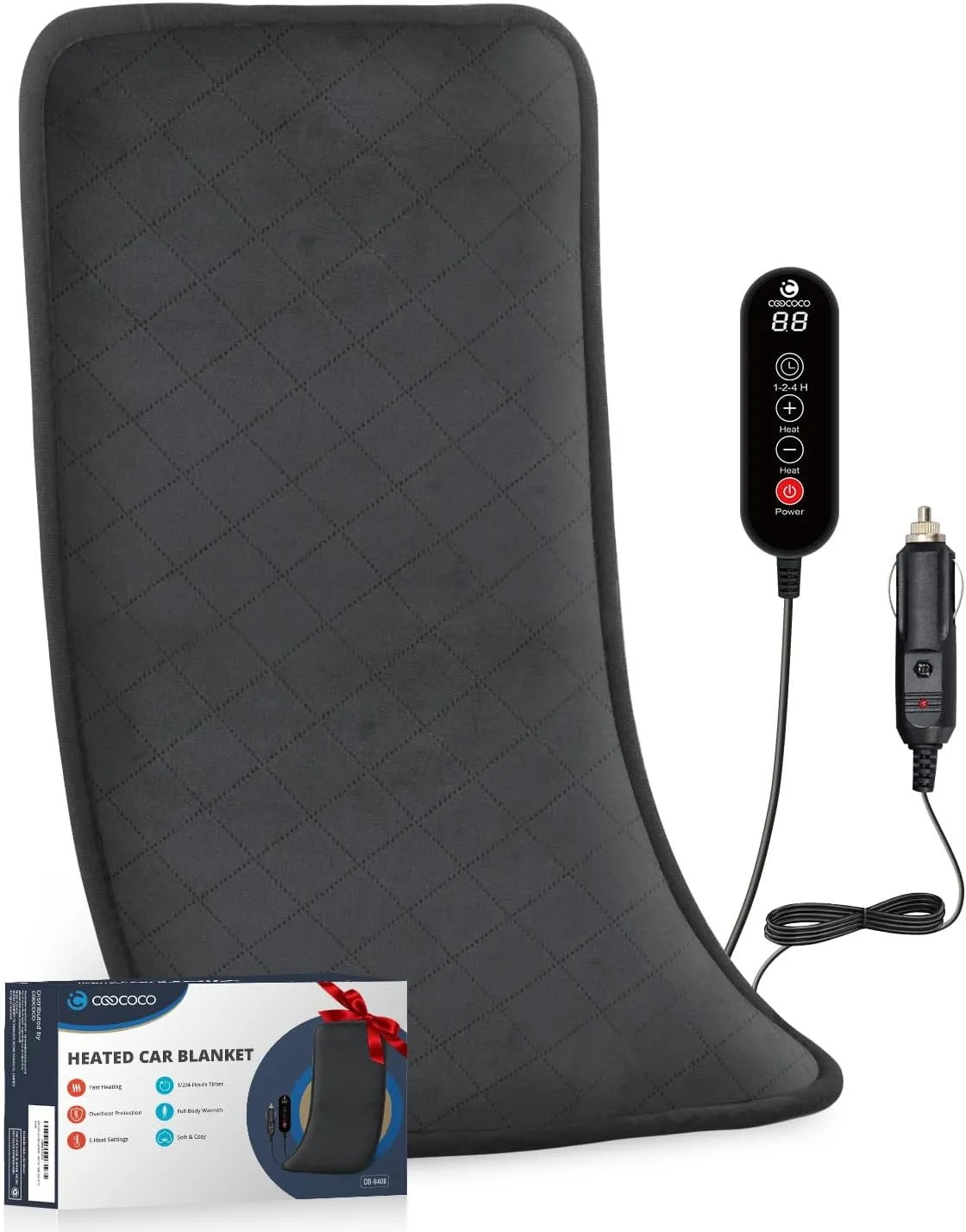 CooCoCo 12V/24V Car Electric Blanket for Back Pain Relief, FSA HSA Eligible 12" x 24" Car Heated Blanket with 5 Heat Setting, Auto-Off, Heated Blanket for Travel Commute, Ideal Gifts for Women Men