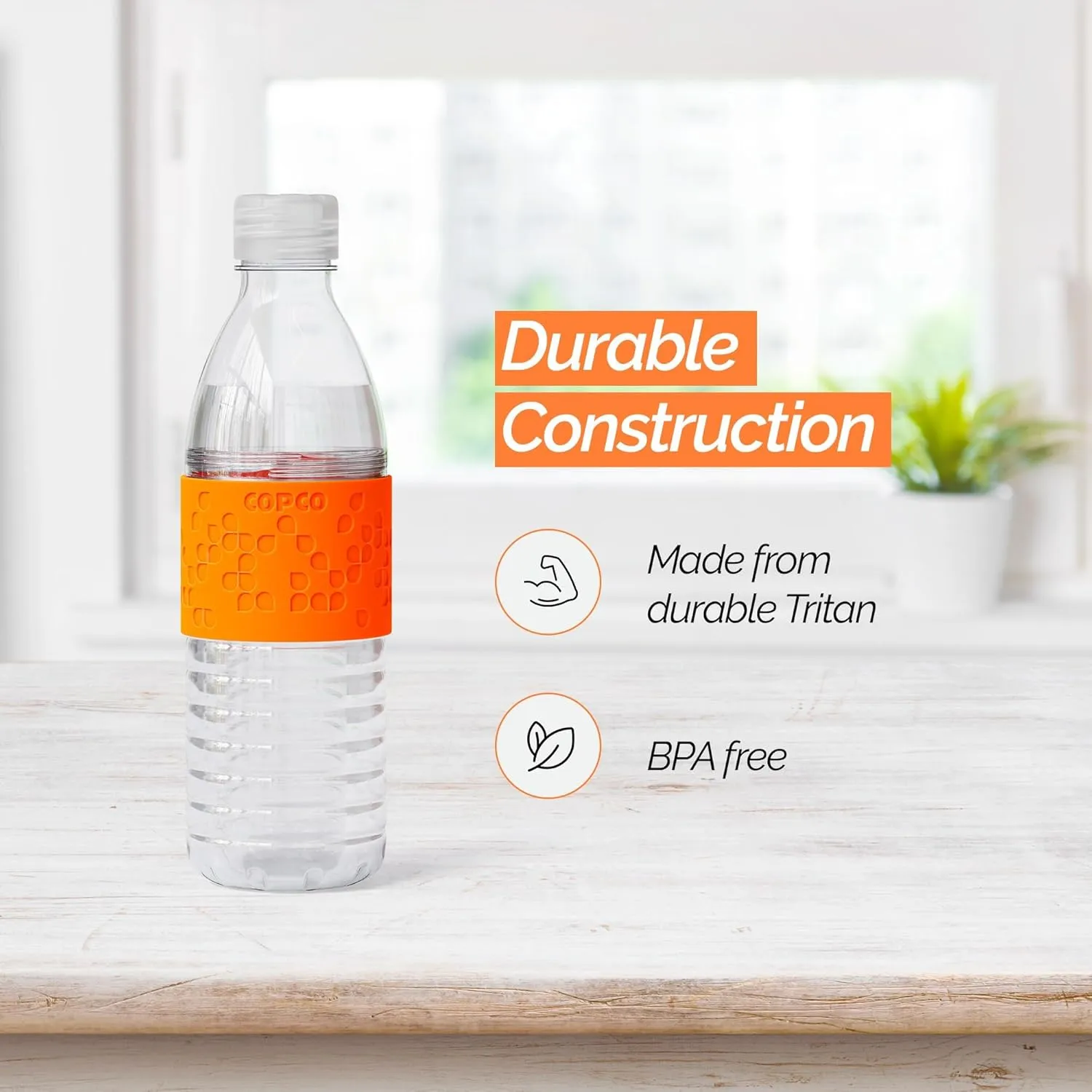 Copco Hydra 16.9 oz Water Bottle with Leak-Proof Lid - Tritan Reusable with Textured Grip Sleeve - BPA-Free, Shatter-Resistant, Dishwasher Safe for Travel, Gym, Work, Outdoors (Chevron Orange)