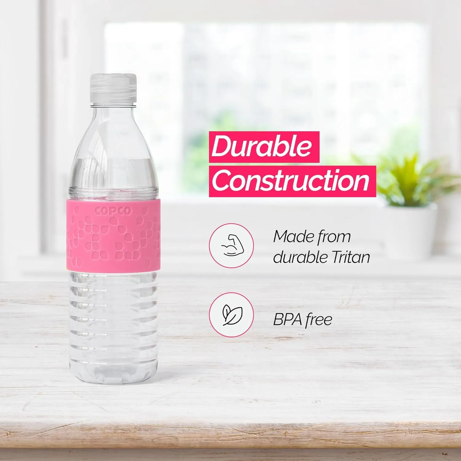 Copco Hydra 16.9 oz Water Bottle with Leak-Proof Lid - Tritan Reusable with Textured Grip Sleeve - BPA-Free, Shatter-Resistant, Dishwasher Safe for Travel, Gym, Work, Outdoors (Pink)