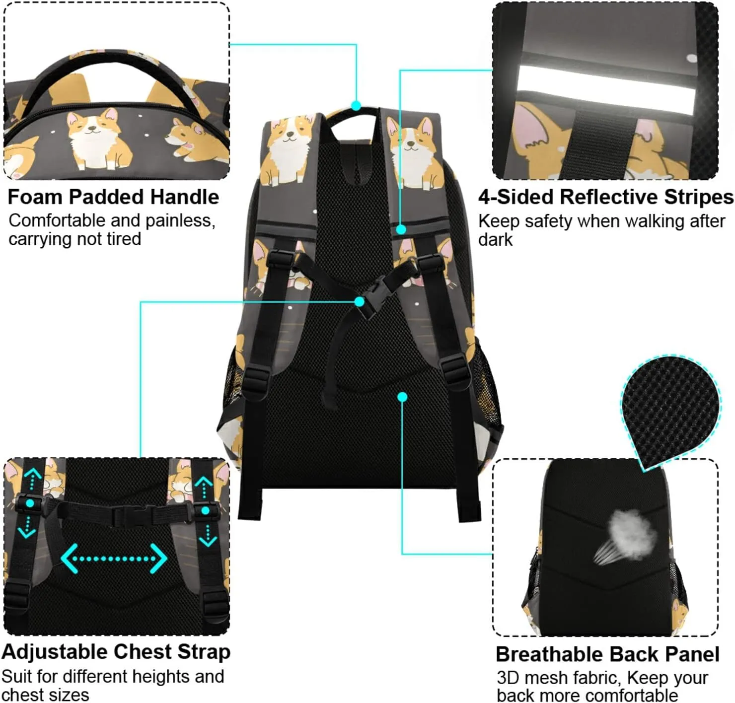 Corgi Dogs Backpack for Boys Girls Lightweight Bookbag with Chest Strap for Students Elementary School Laptop Daypack Rucksack for Teens Travel