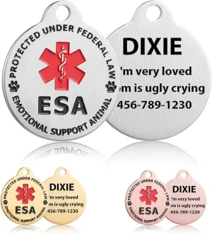 Custom Engraved Emotional Support Animal (ESA) and Service Dog & Cat ID Tag, Customized Info Engraved on Stainless Steel Tag for Therapy Pets, Personalized Laser Engraved Dog Collar Tag