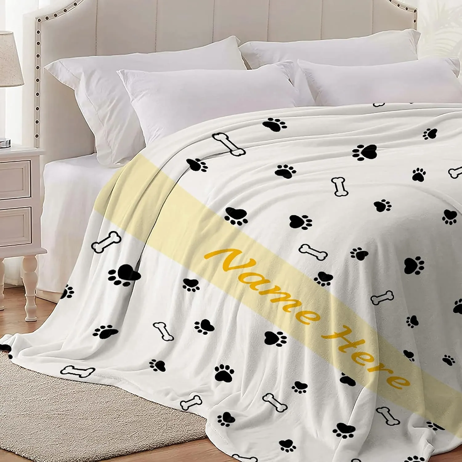 Custom Pet Name Blanket Personalized Dogs Customized Puppy ,Dog Gift for Dog Lovers Mom Dad Cute Paw Prints Soft Flannel Throw Bed Sofa Travel Extra Small 40''x30''
