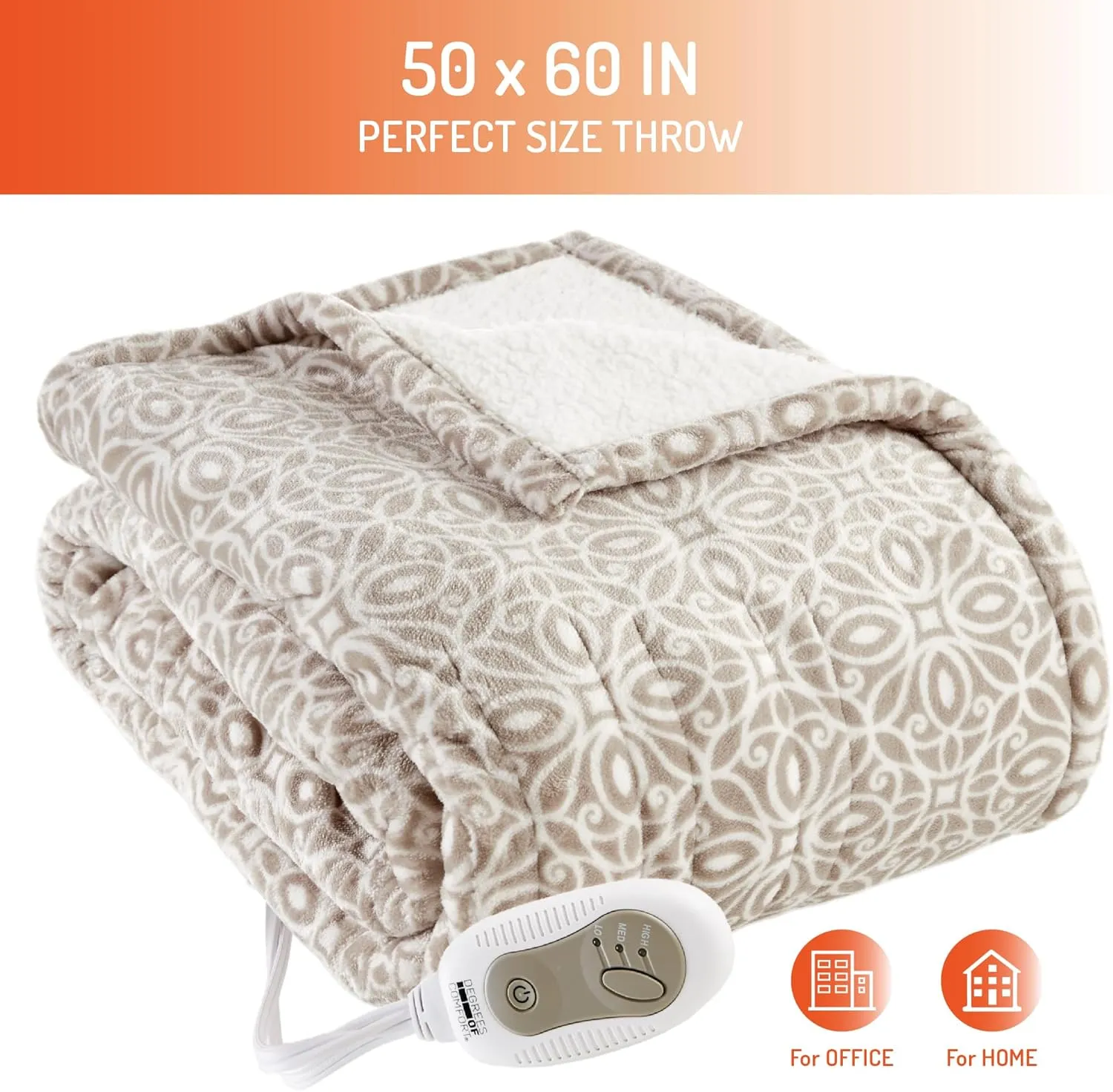 Degrees of Comfort Heated Sherpa Wrap Shawl, Cozy Winter Electric Blanket Throw, Christmas Gift Snuggie for Grandma Mom Women, Washable, Auto Shut-Off, Reversible 50 x 64 Inch, Grey Lattice