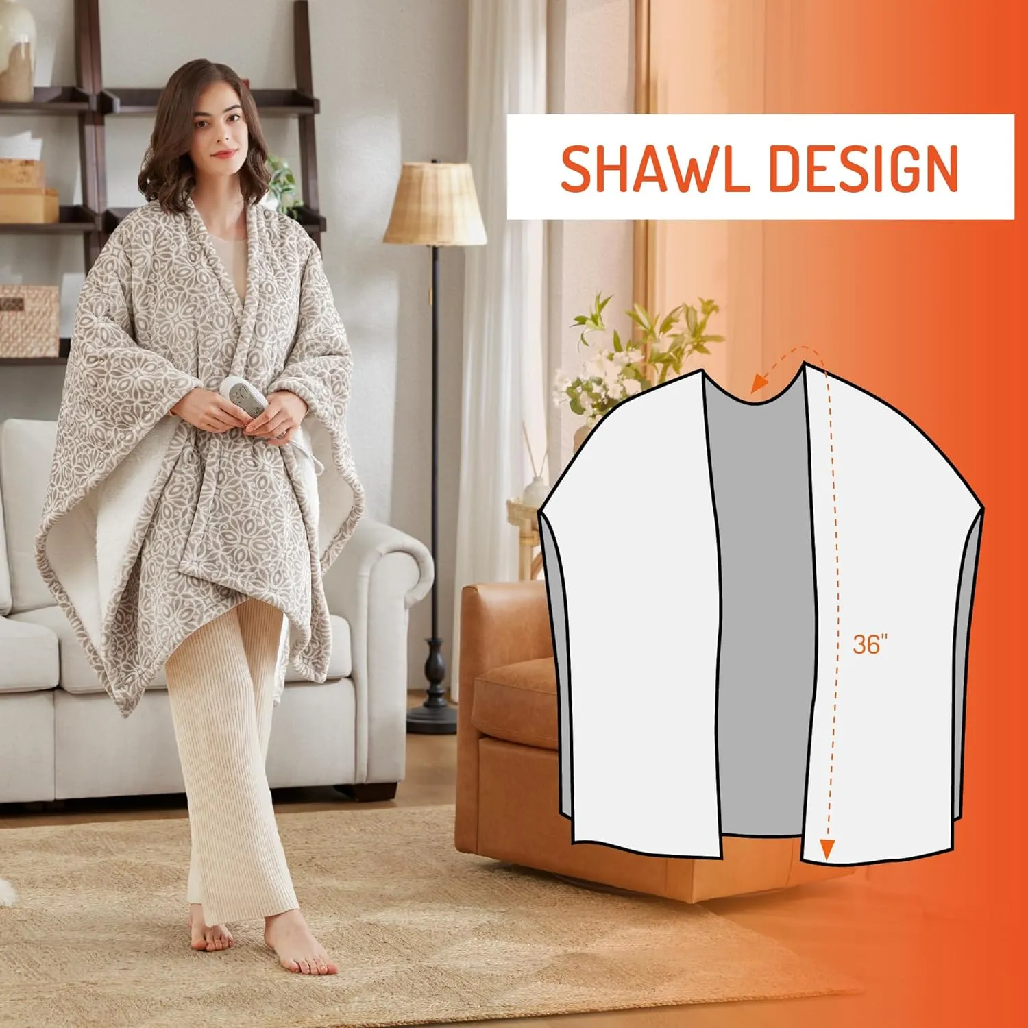 Degrees of Comfort Heated Sherpa Wrap Shawl, Cozy Winter Electric Blanket Throw, Christmas Gift Snuggie for Grandma Mom Women, Washable, Auto Shut-Off, Reversible 50 x 64 Inch, Grey Lattice